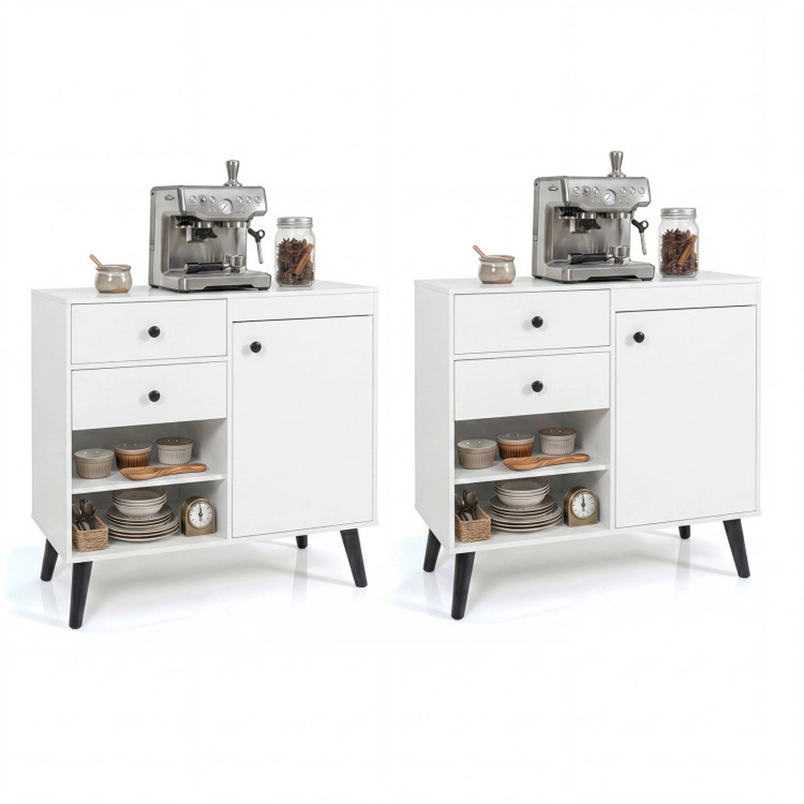 SUGIFT Set of 2 31-in 135-lb Capacity White Buffet Cabinets with 2 Drawers Open Compartments and Raised Legs
