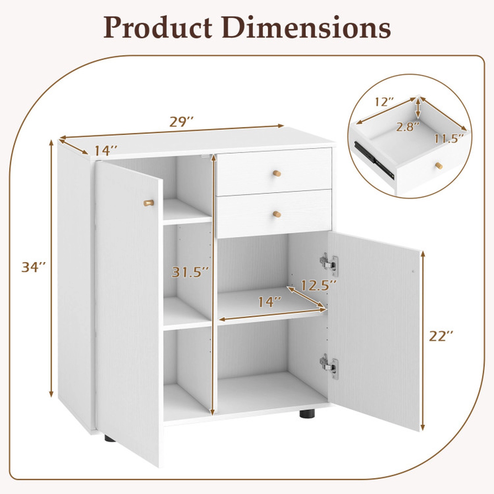 SUGIFT 29-in White Sideboard Buffet Coffee Bar Cabinet with 2 Drawers 2 Doors and 3 Adjustable Shelves