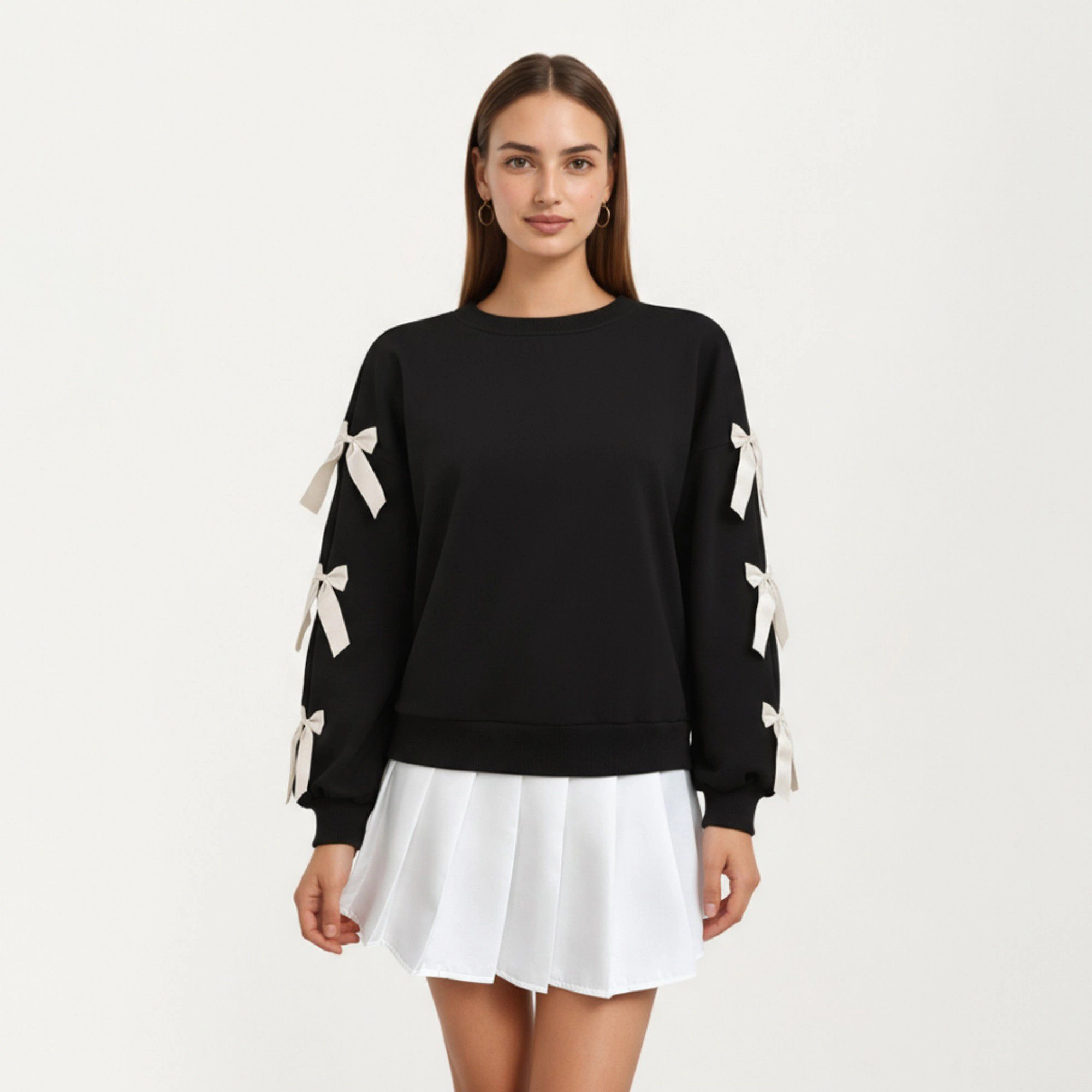 Anna-Kaci Women's Long Sleeve Crew Neck Sweatshirt with Ribbon Bow Detail