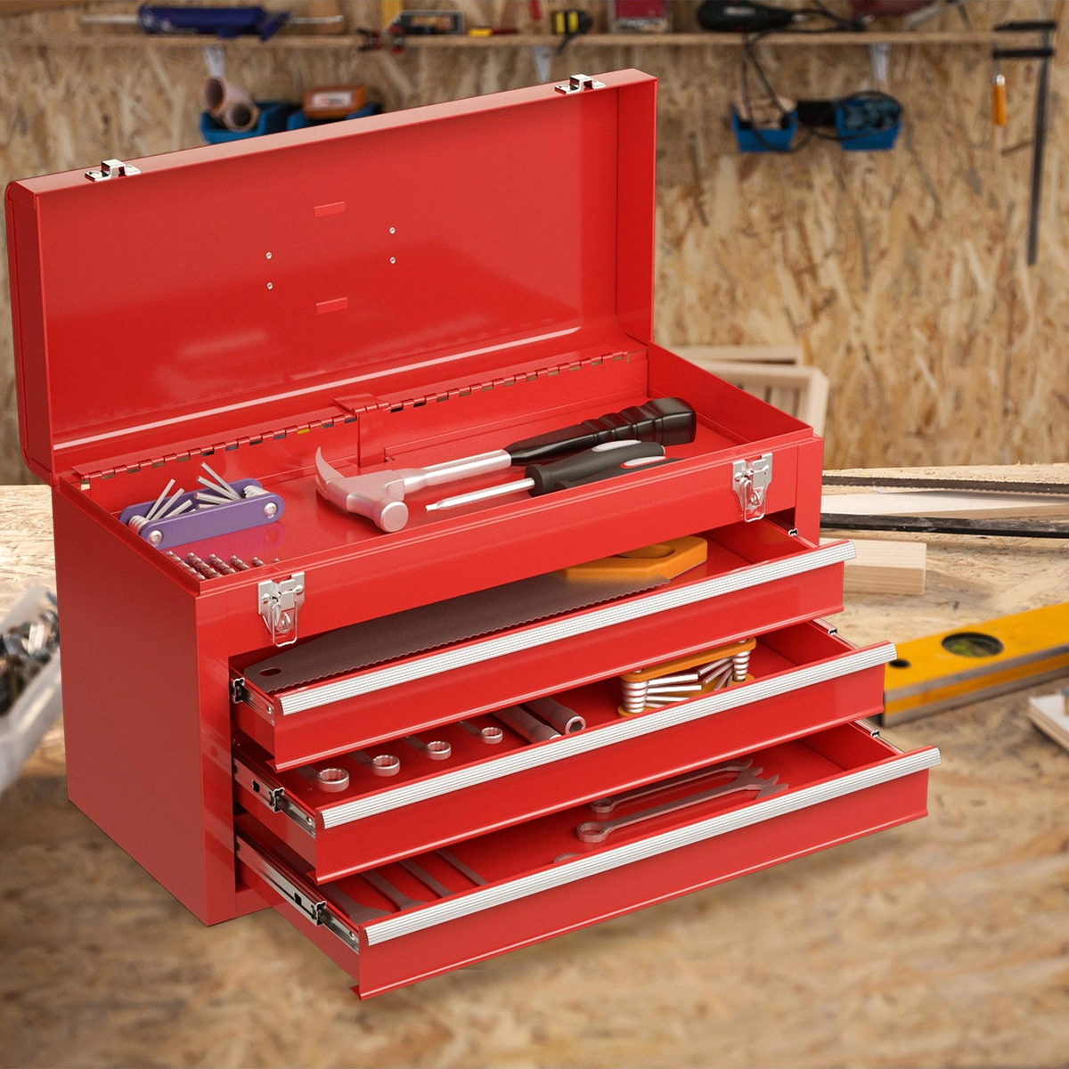 SUGIFT Garage Mechanic Tool Cabinet Box with 3 Drawers 22-lb Drawer Capacity 20.5-in Wide Top Tray Locking Lid Red