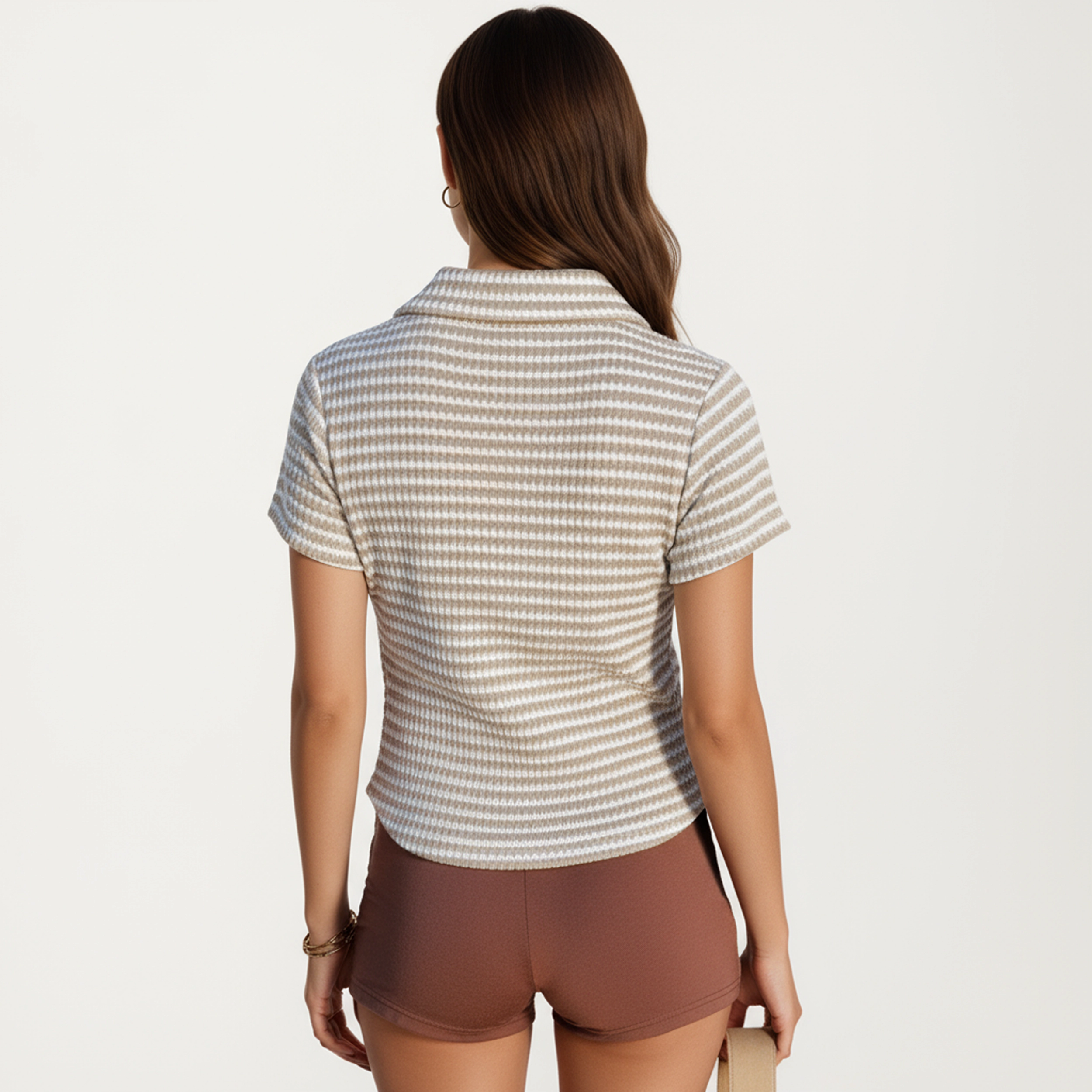 Anna-Kaci Women's Striped V-Neck Collared Short Sleeve Knit Top