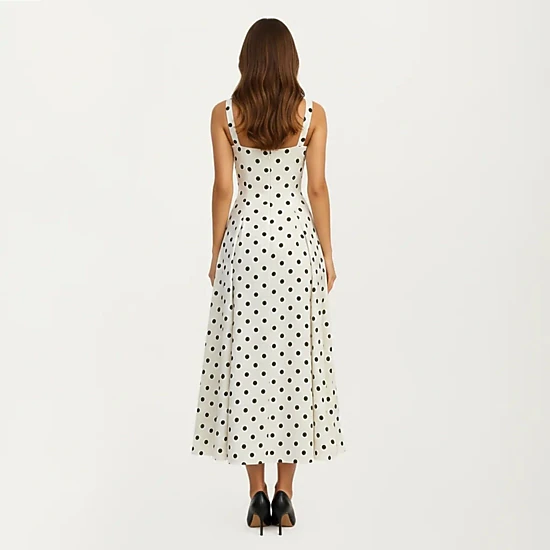 Anna-Kaci Polka Dot Square Neck Pleated A-Line Midi Dress