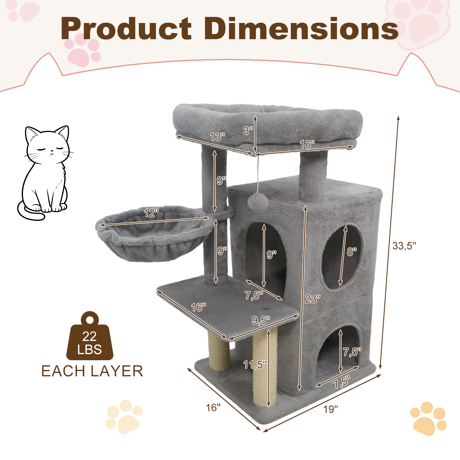 SUGIFT 33.5-in Tall 2-Tier Cat Tree Condo Tower Padded Top Perch 22-lb Capacity Each Layer 18-lb Net Weight Light Gray