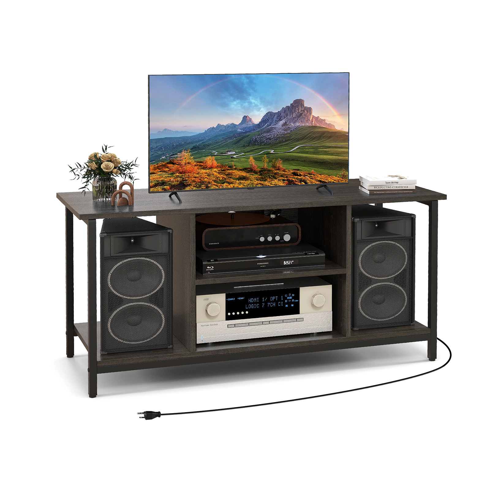 SUGIFT 3-Tier TV Stand with Power Outlet USB-A USB-C and Adjustable Shelf 165-lb Tabletop Capacity Gray