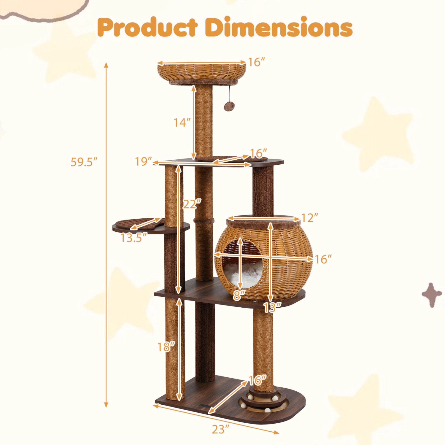 SlickBlue Unisex 59.5 Inch Multi Level Cat Tree with Rattan Condo