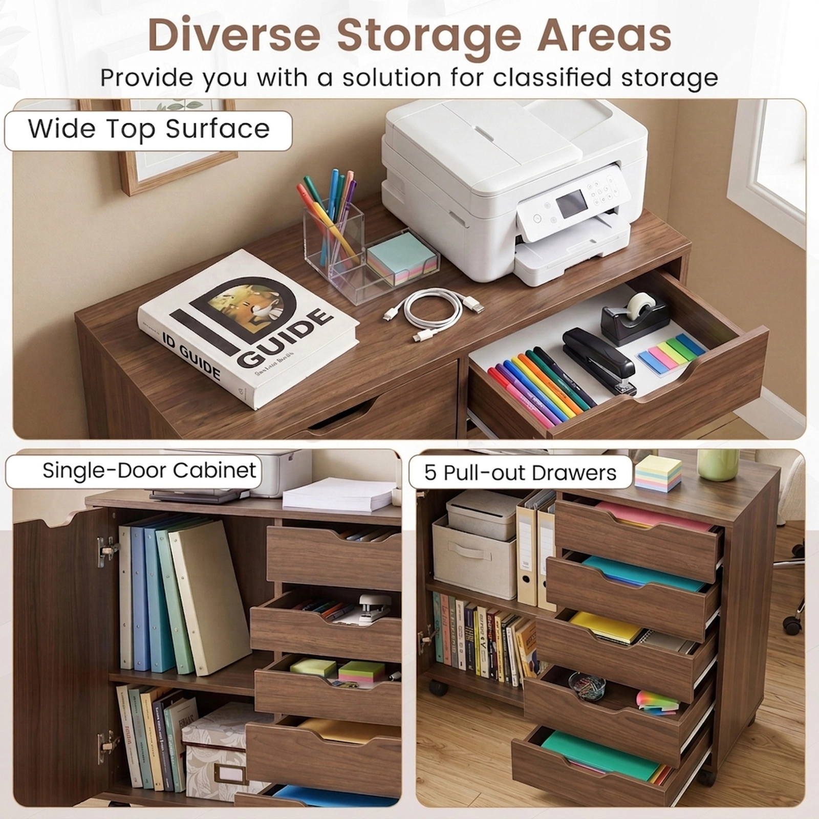 SUGIFT 5-Drawer Engineered Wood Storage Cabinet on Wheels with Adjustable Shelf 31 x 16 x 26 in Frame Brown