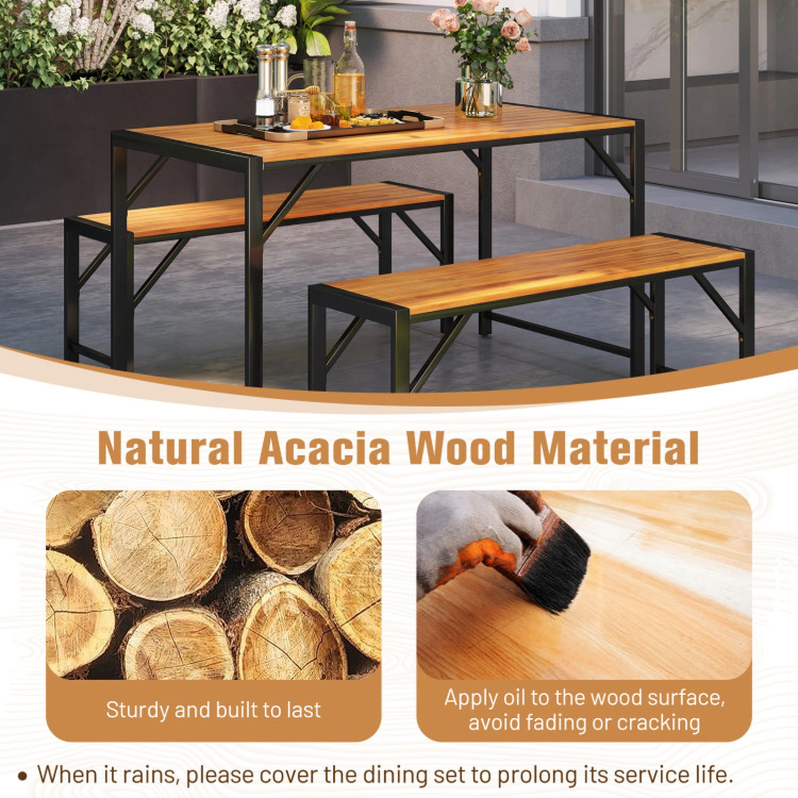 SUGIFT 3-Piece 800-lb Capacity 2 Benches Acacia Wood Black Metal Legs Patio Dining Set 53-in x 28-in x 30-in Natural