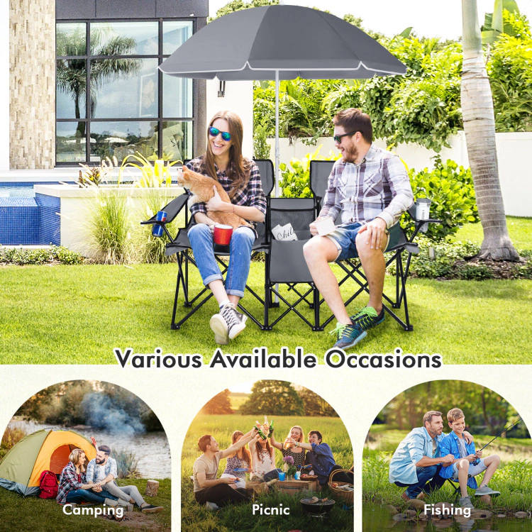 SUGIFT Gray Double Folding Picnic Chair with Removable Umbrella and Cooler Bag 63-in W 22-in D 270-lb Per Seat