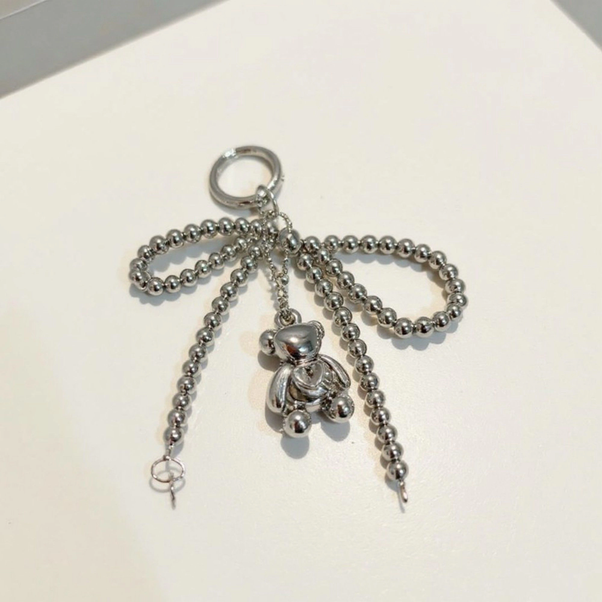 Alilang Women's Metallic Beaded Bow Keychain with Crystal Bear Charm and Ring Accent