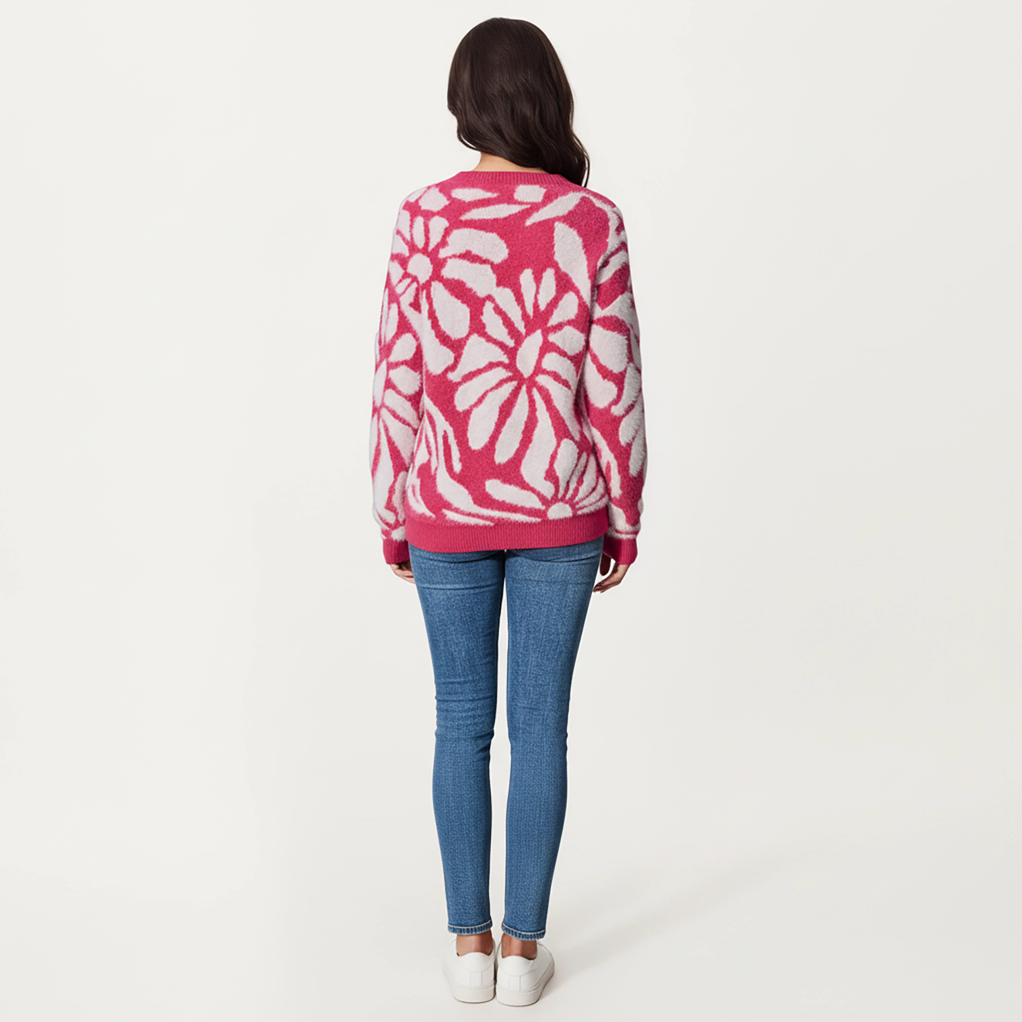 Anna-Kaci Women's Bold Abstract Floral Pattern Knit Sweater with Soft Textured Feel Ribbed Crew Neckline