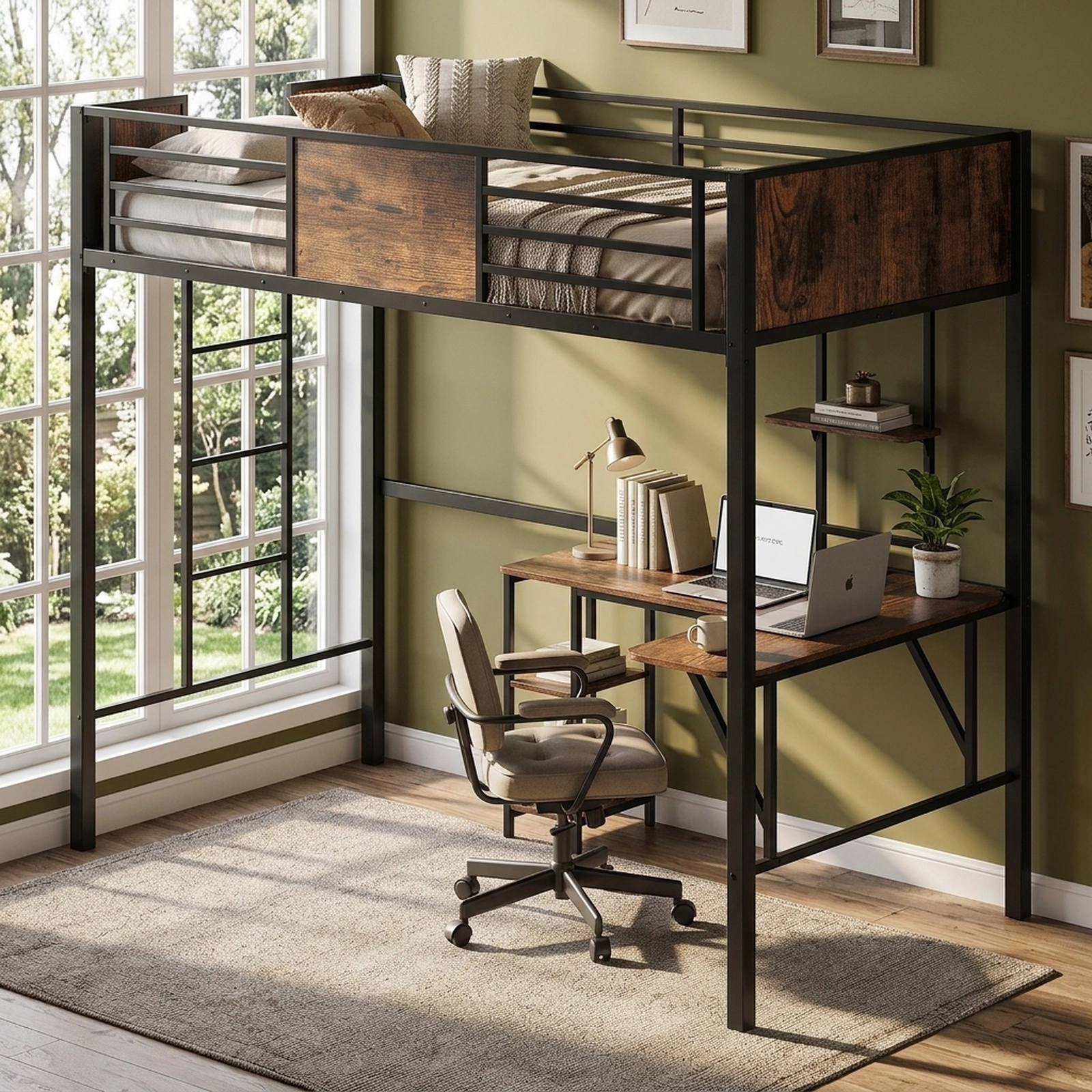 SUGIFT Twin Loft Bed with Desk and Open Shelf, Metal Frame, Black and Rustic Brown