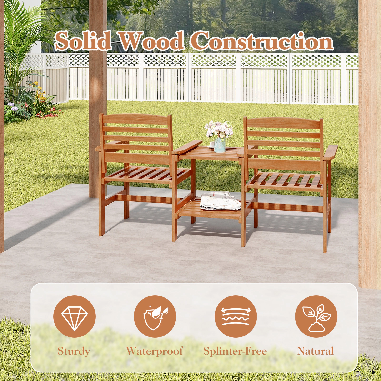 SUGIFT Natural Wood 2-Seat Patio Conversation Set with Umbrella Hole 62.5-in W 24-in D 265-lb Chair Capacity