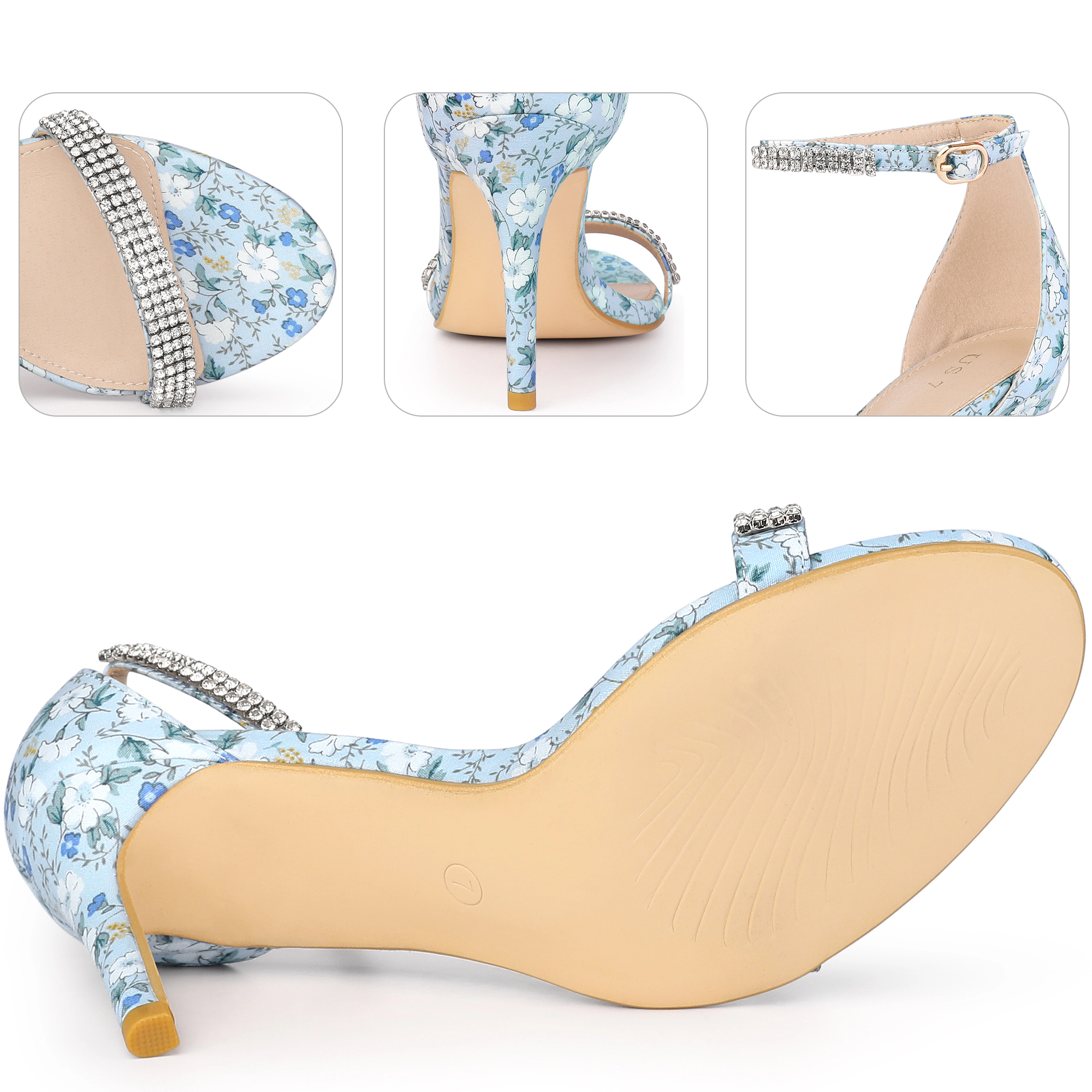 BLISSFUL STEP Women's Rhinestone Strap Floral Print Stiletto Heels Sandals