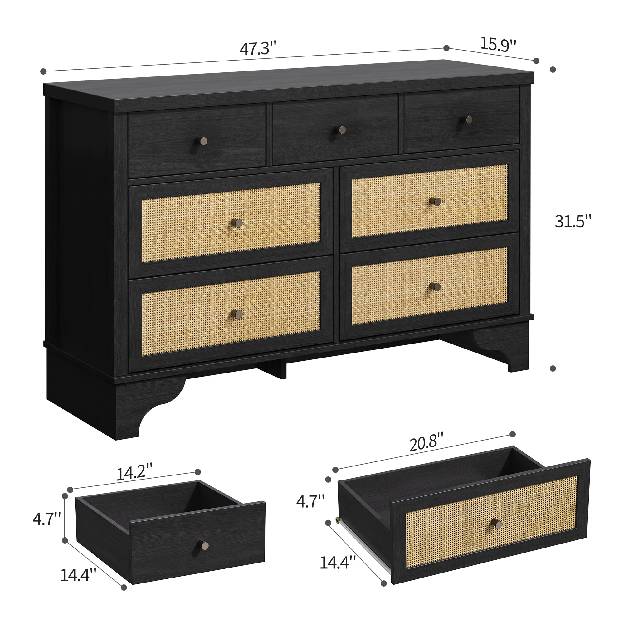7 Drawer Dresser with Natural Rattan, 47.3" Wood Boho Clothing Storage Organizer, TV Stand Cabinet