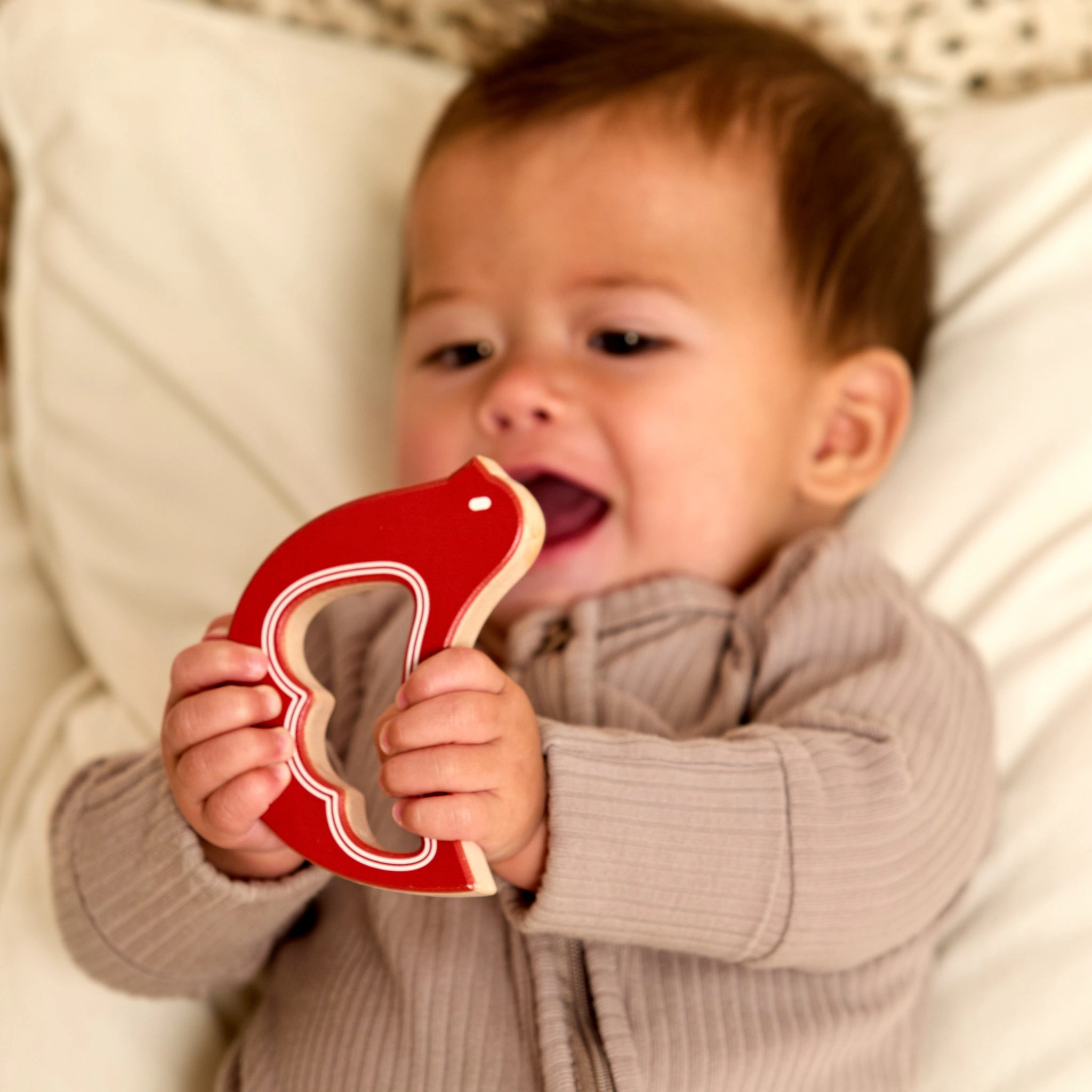 Solid Maple Wood Bird Rattle & Teether, Red Print and Etched, Natural Baby Toy Made in USA