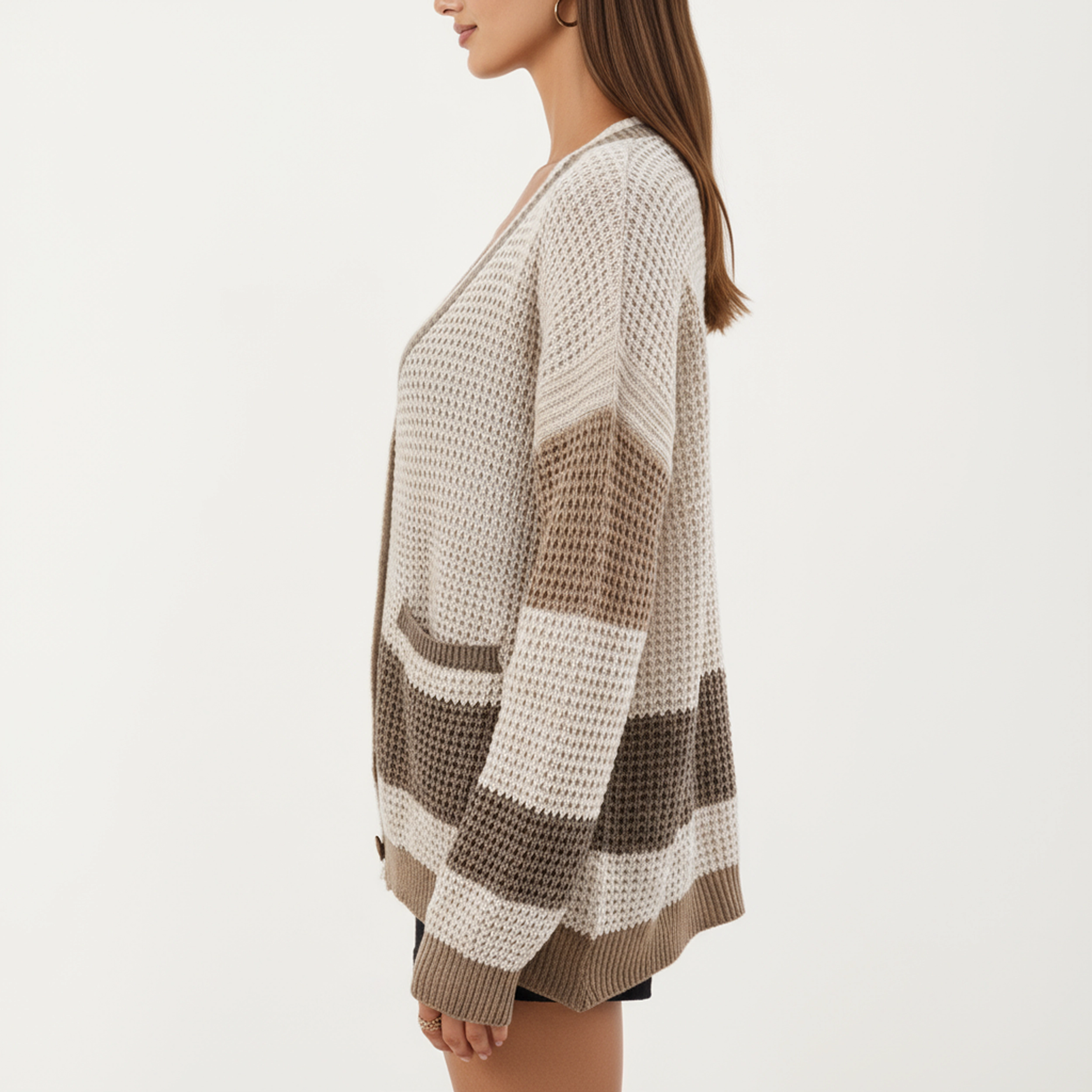 Anna-Kaci Women's Button Front Striped Knit Cardigan with Pockets and Relaxed Fit