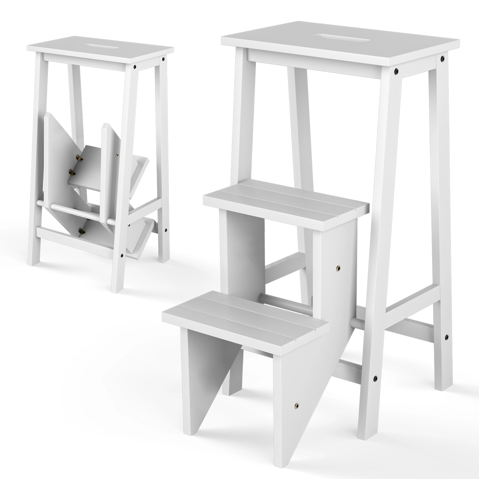 SUGIFT 3 Tier Step Stool White 3 in 1 Folding Ladder Bench in Rubber Wood