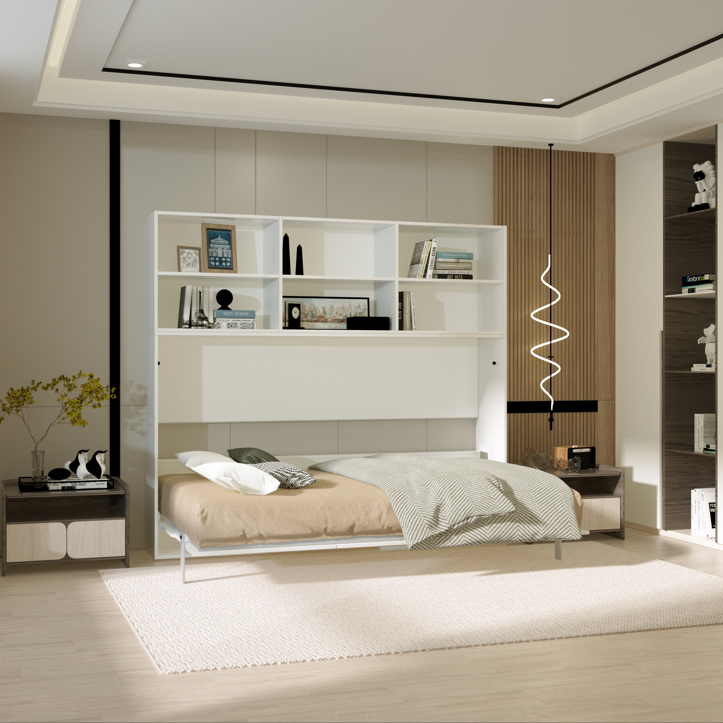 Flynama Twin Horizontal Murphy Wall Bed with Shelf Storage & Gas Struts, White