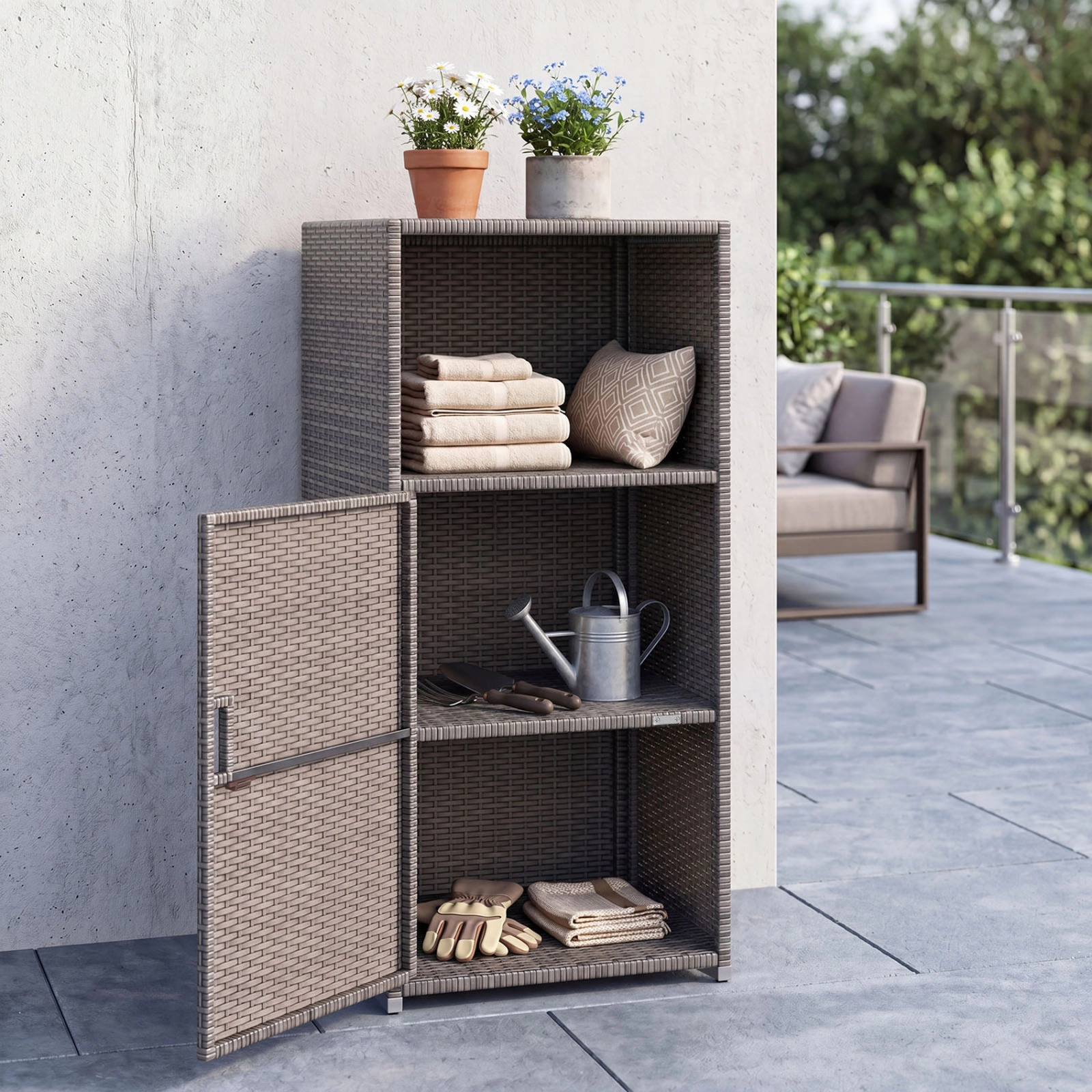 SUGIFT Gray Hand-Woven PE Rattan Outdoor Storage Cabinet with Door Open Compartment and 66-lb Tiers