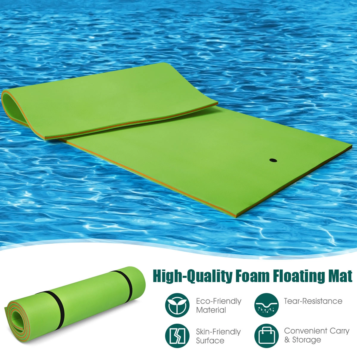 SUGIFT 12-ft x 6-ft 882-lb Capacity Green 3-Layer XPE Foam Floating Water Pad with 13-ft Bungee Tether
