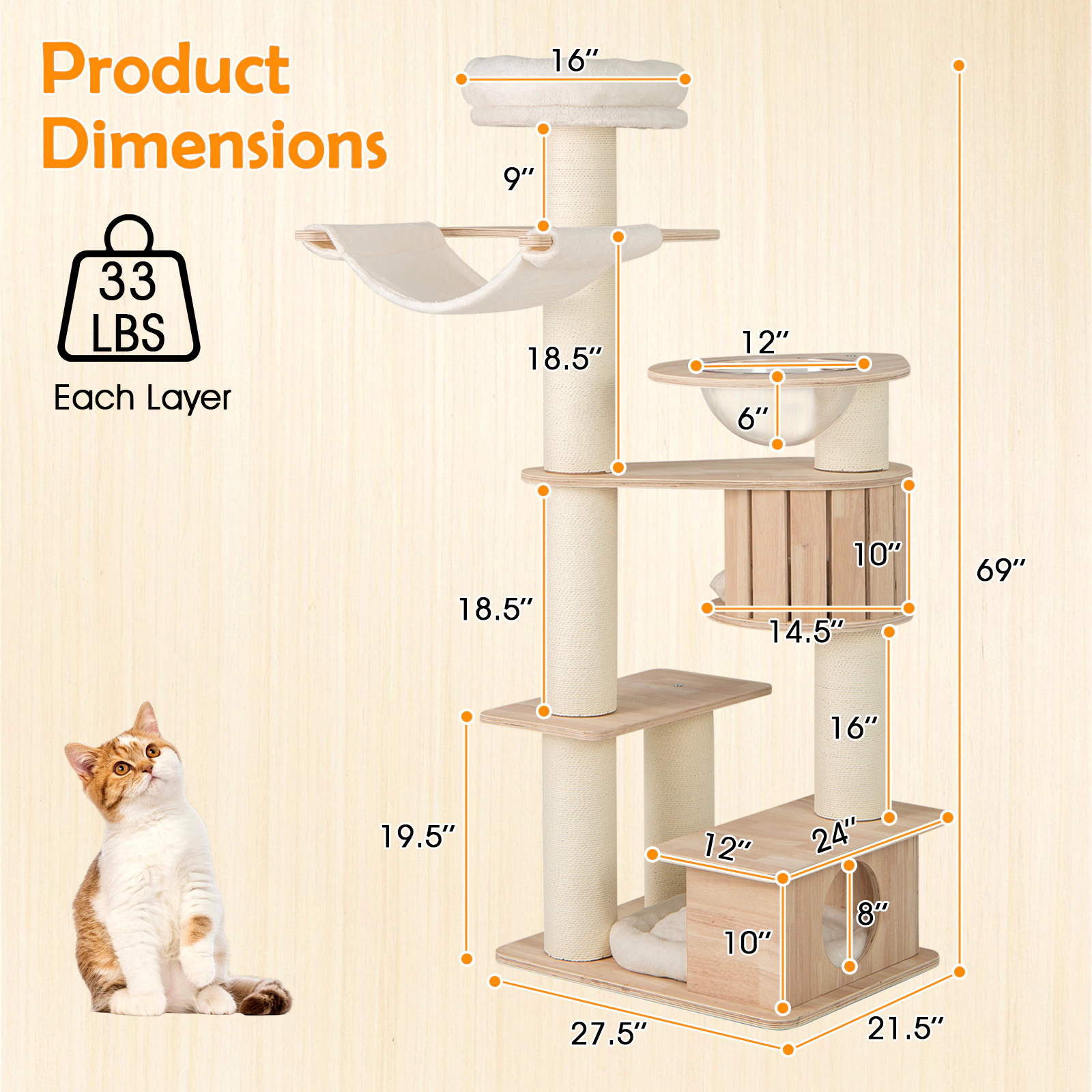SUGIFT 69-in Cat Tree for Large Indoor Cats with Space Capsule U-Shaped Hammock Round Condo and Perch