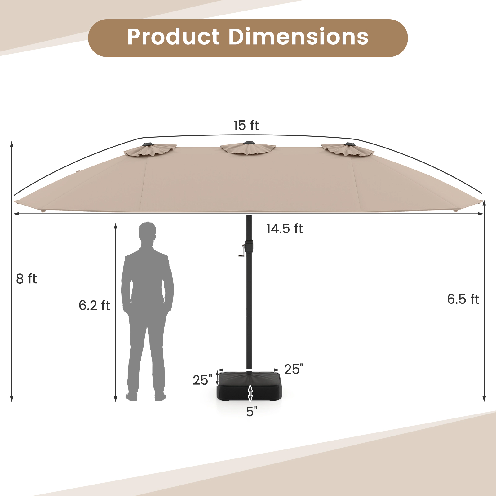 SUGIFT 15-ft Brown Rectangular Twin Patio Umbrella with Crank Lift and Cross Stand