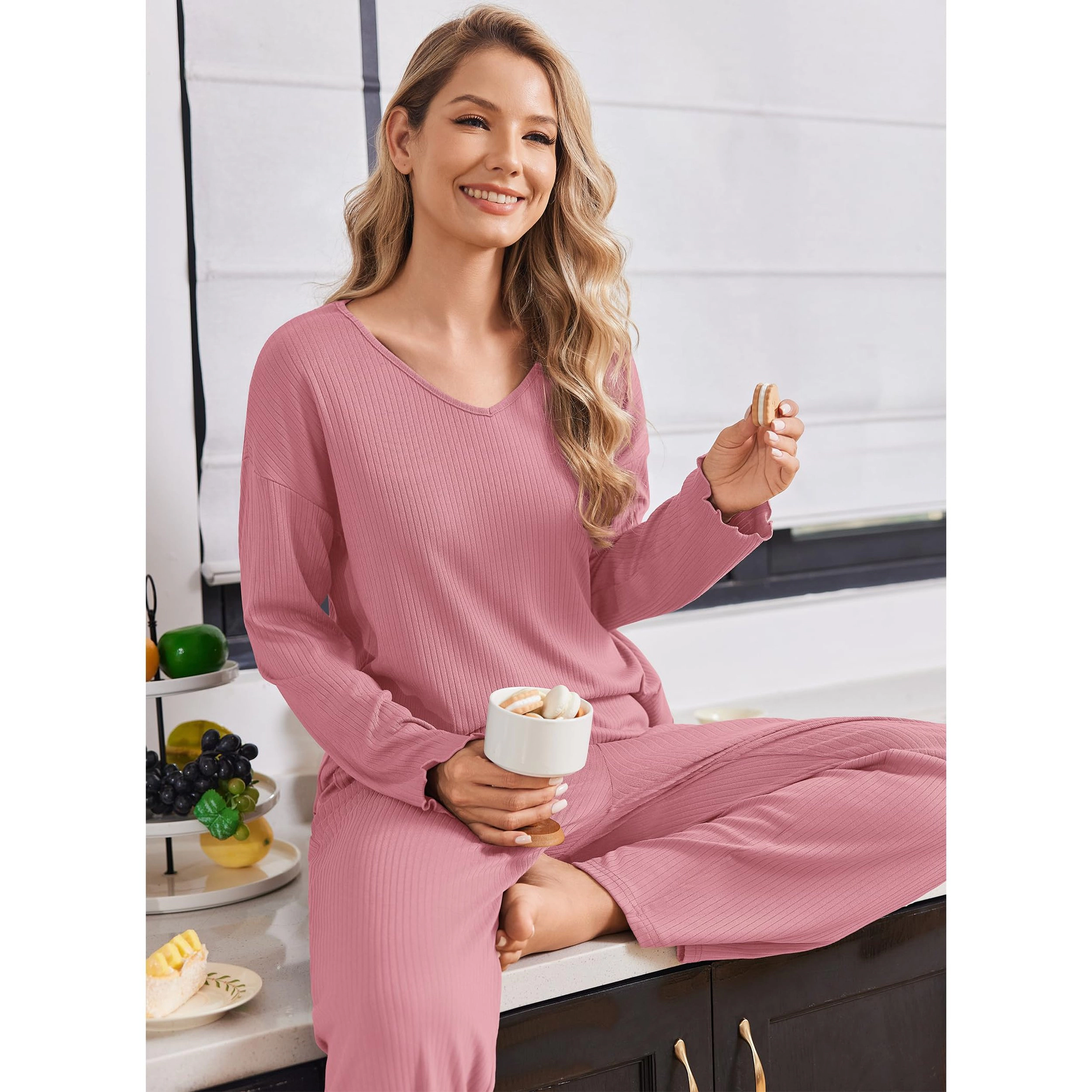 Ekouaer Women's V Neck Long Sleeve Ribbed 2 Piece Pajama Sets