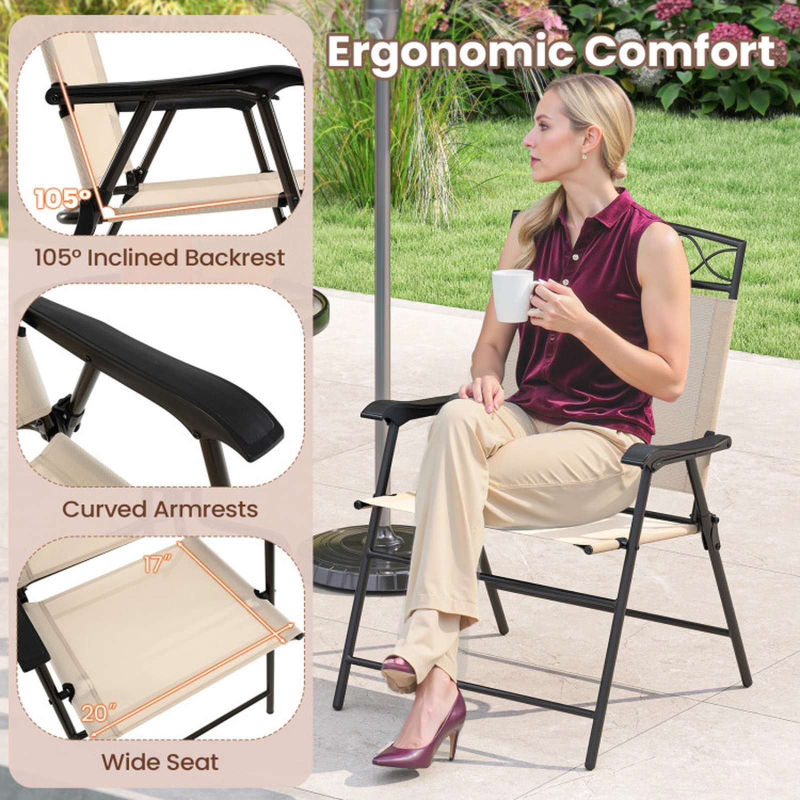 SUGIFT Set of 4 Folding Curved Armrests Metal Frame Patio Dining Chairs 25.5-in x 24-in x 36-in 330-lb Capacity Beige