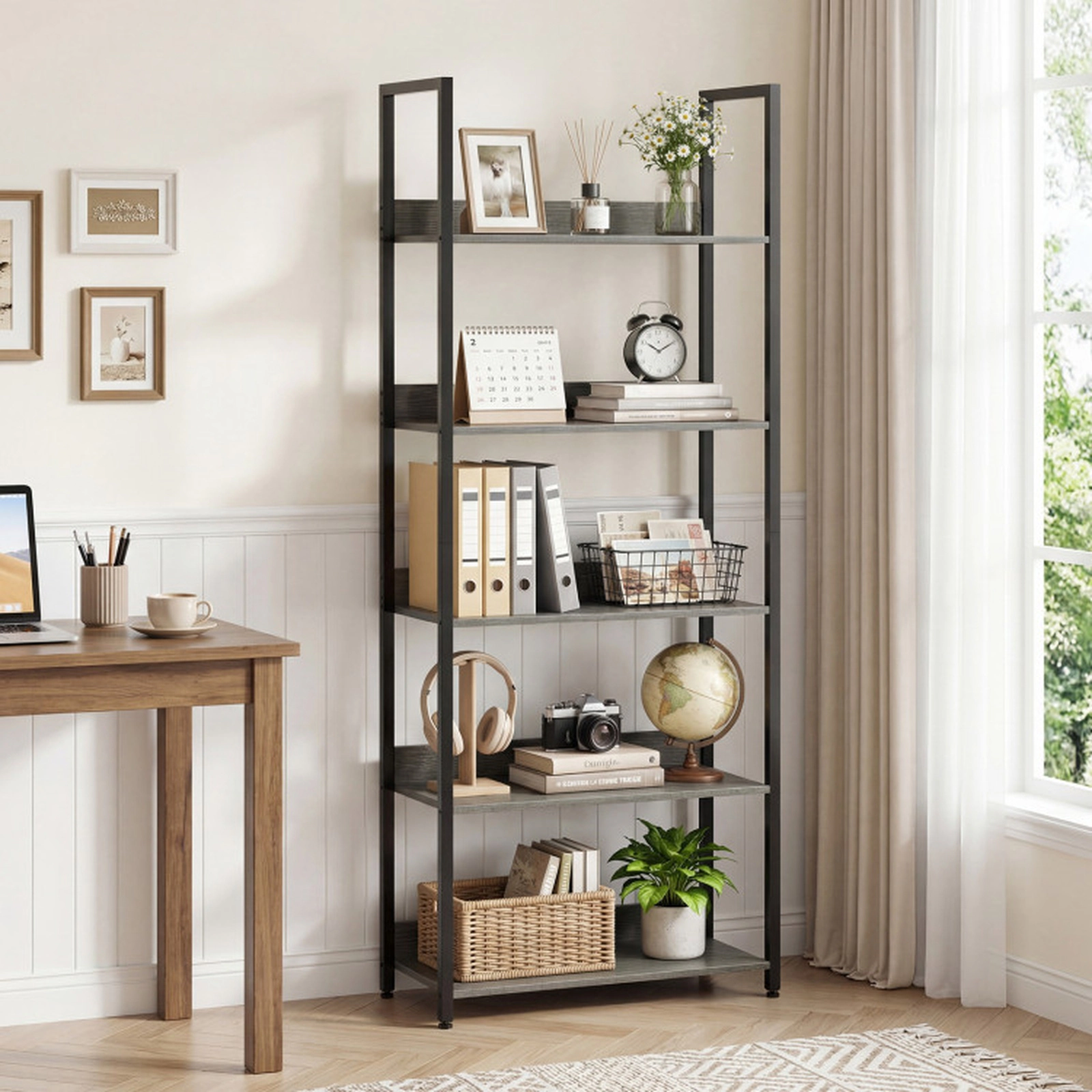 SUGIFT 5-Tier 61-in Tall Metal Frame Bookshelf with Back Panels Anti-Toppling Devices and Open Display Shelf