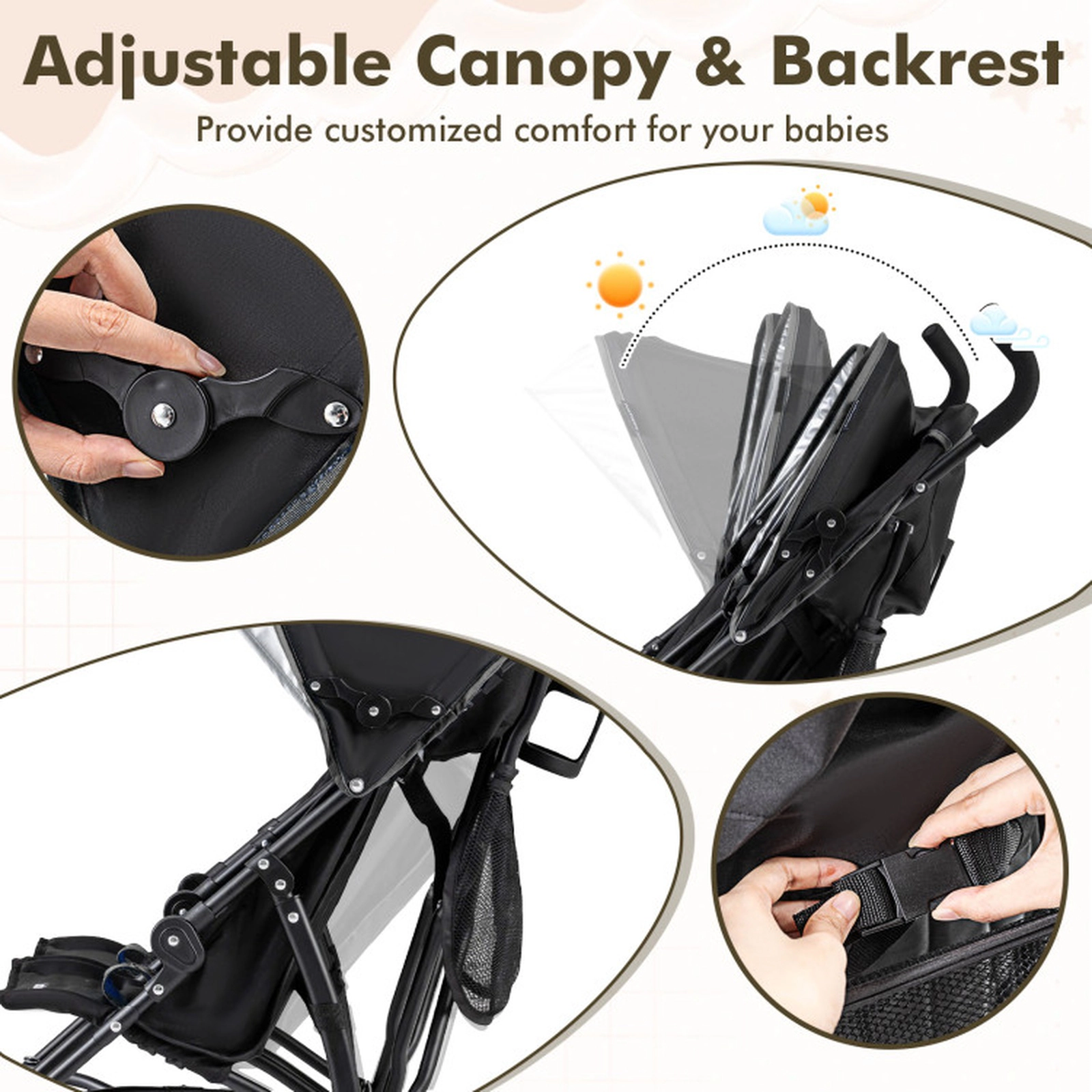 SUGIFT Baby Black Side-by-Side Double Umbrella Stroller with 5-Point Harness 31-in W 37-in H 35-lb Per Seat
