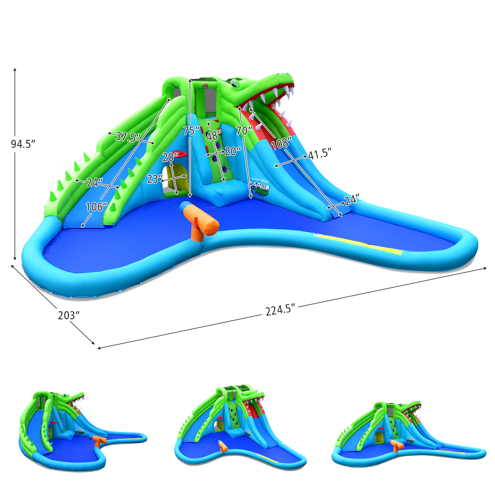 SUGIFT Inflatable Crocodile Style Water Slide Kids Bounce Castle 300-lb Capacity Ages 3-10 Blue Green with 780W Blower