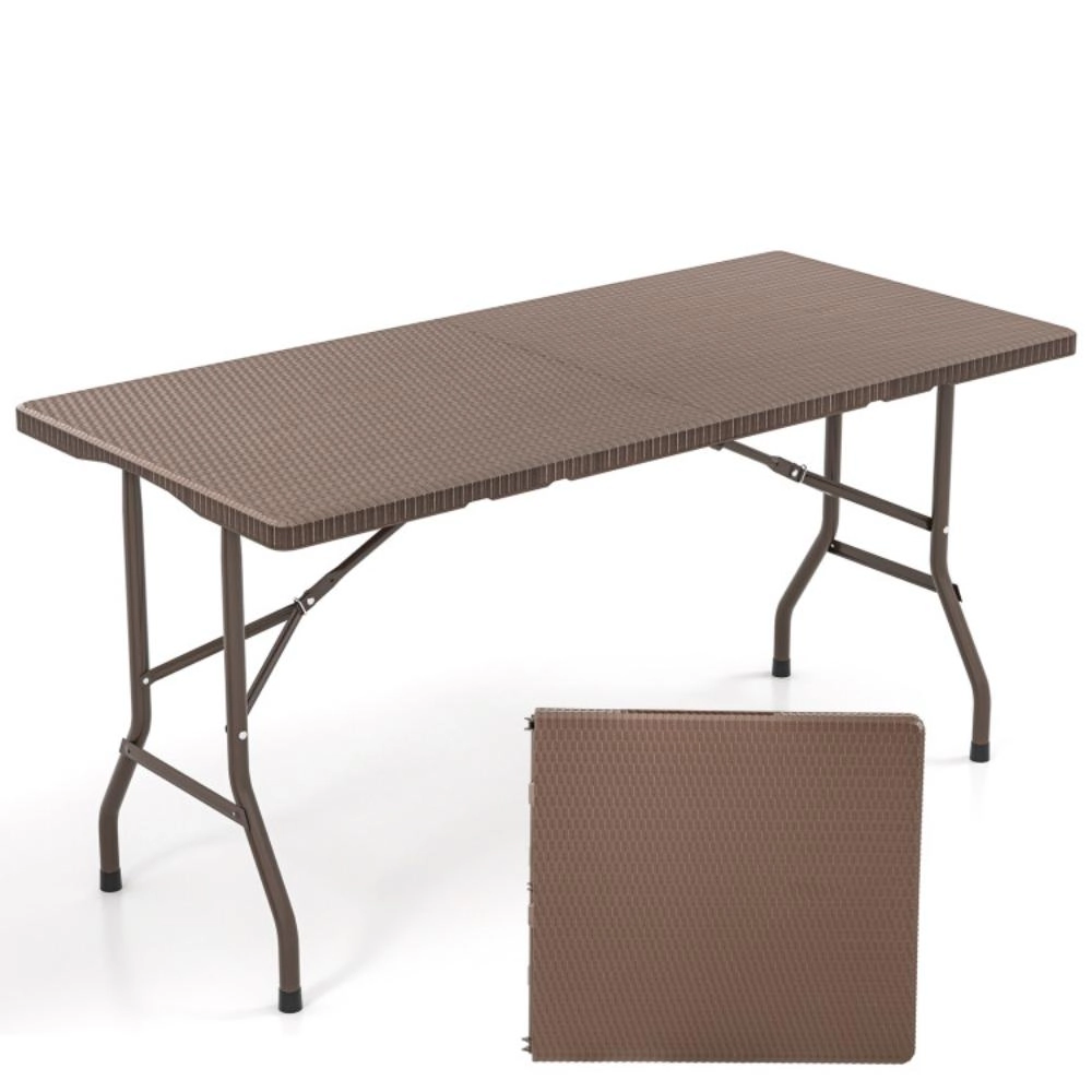 Hivvago 5Ft Folding Picnic Table With Rattan Grain Hdpe Tabletop And Sturdy Metal Fame-Coffee