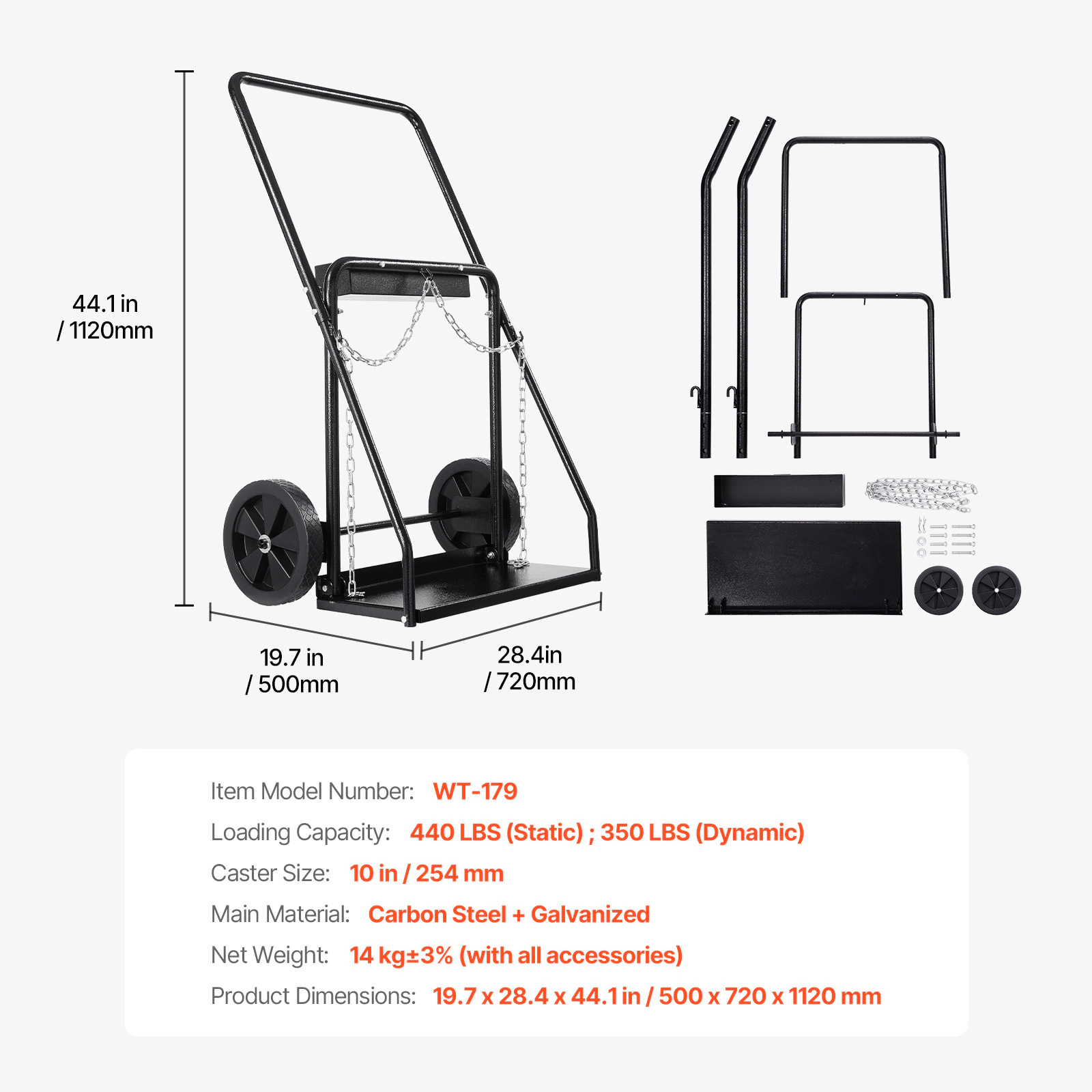 HONGGE Dual Gas Cylinder Cart, 440 lbs Capacity, 10-Inch Wheels, Steel Cart for Two 12.5-Inch Tanks