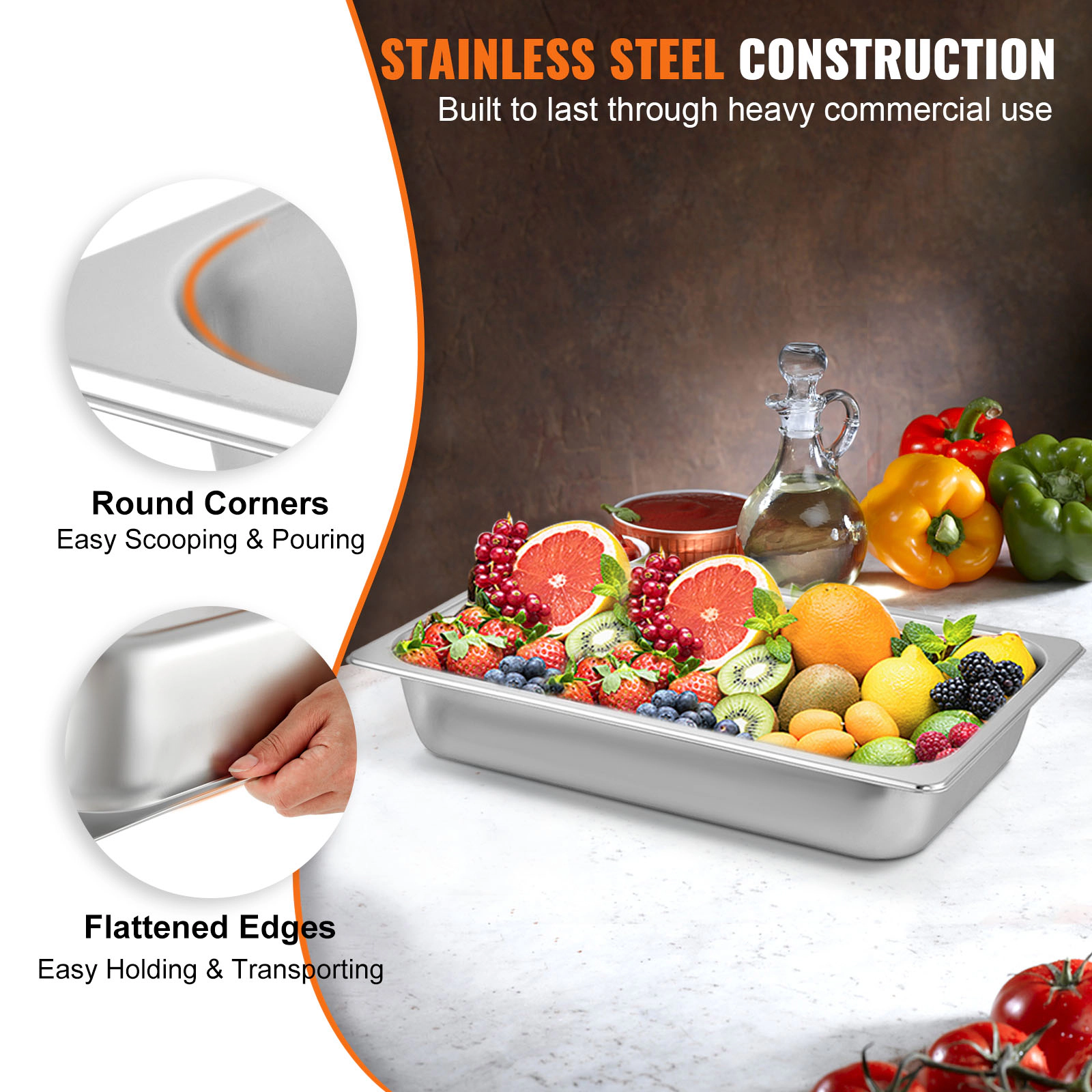 HONGGE 6 Pack Steam Table Pans Deep Pan Full Food Container Stainless Steel Oven Tray Hotel