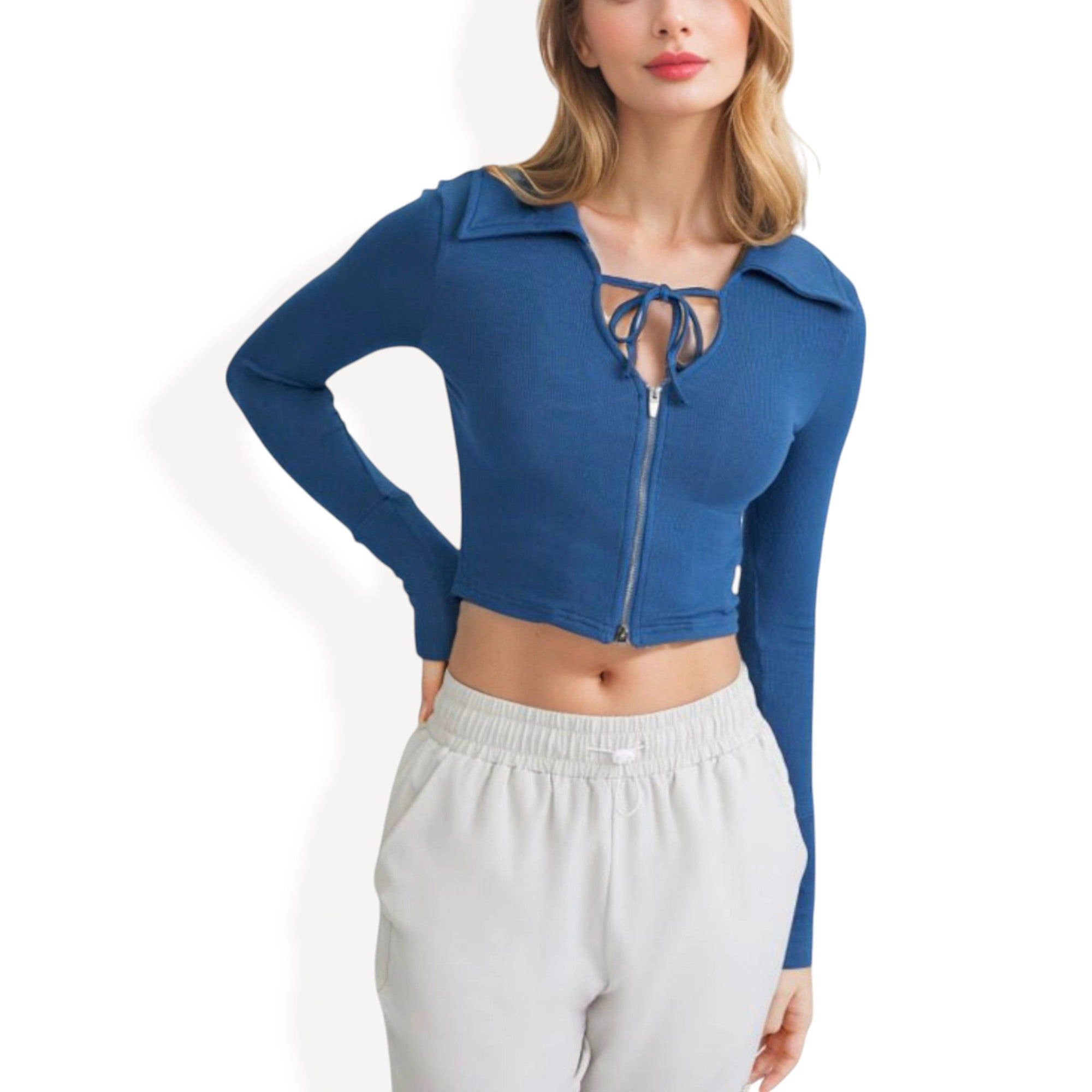 Anna-Kaci Women's Cropped Zip-Up Active Jacket with Ribbed Details and Thumb Holes