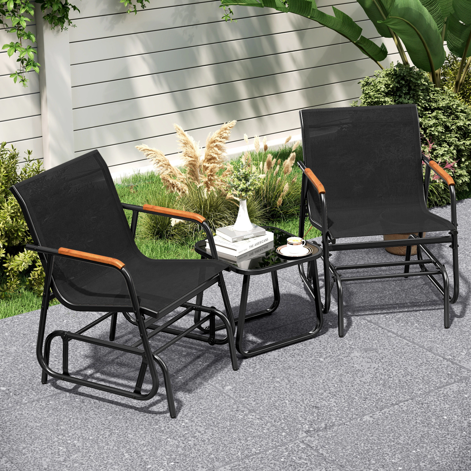 LJG 3-Piece Outdoor Glider Bistro Set with Tempered Glass Top and Metal Frame
