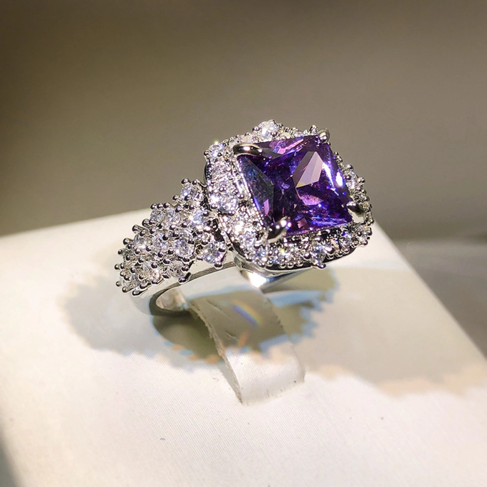 Princess‑Cut Purple Cubic Zirconia Halo Ring Silver‑Tone Luxury Cocktail Engagement Ring for Women