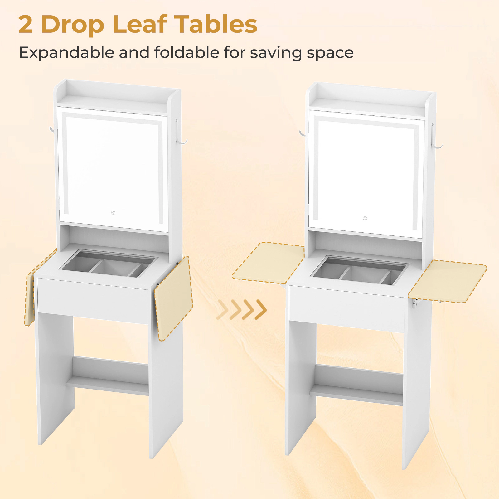 SUGIFT Space-Saving Vanity Desk with Drop-Leaf Top Expanding to 37-in Hidden Mirror Cabinet and Outlets