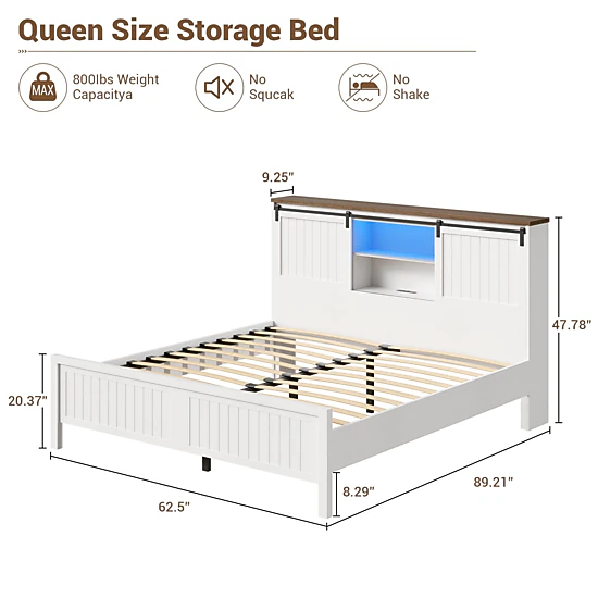 BebreezChic Platform Bed Frame with Charging Station, LED Light, Storage Bookcase & Barn Doors
