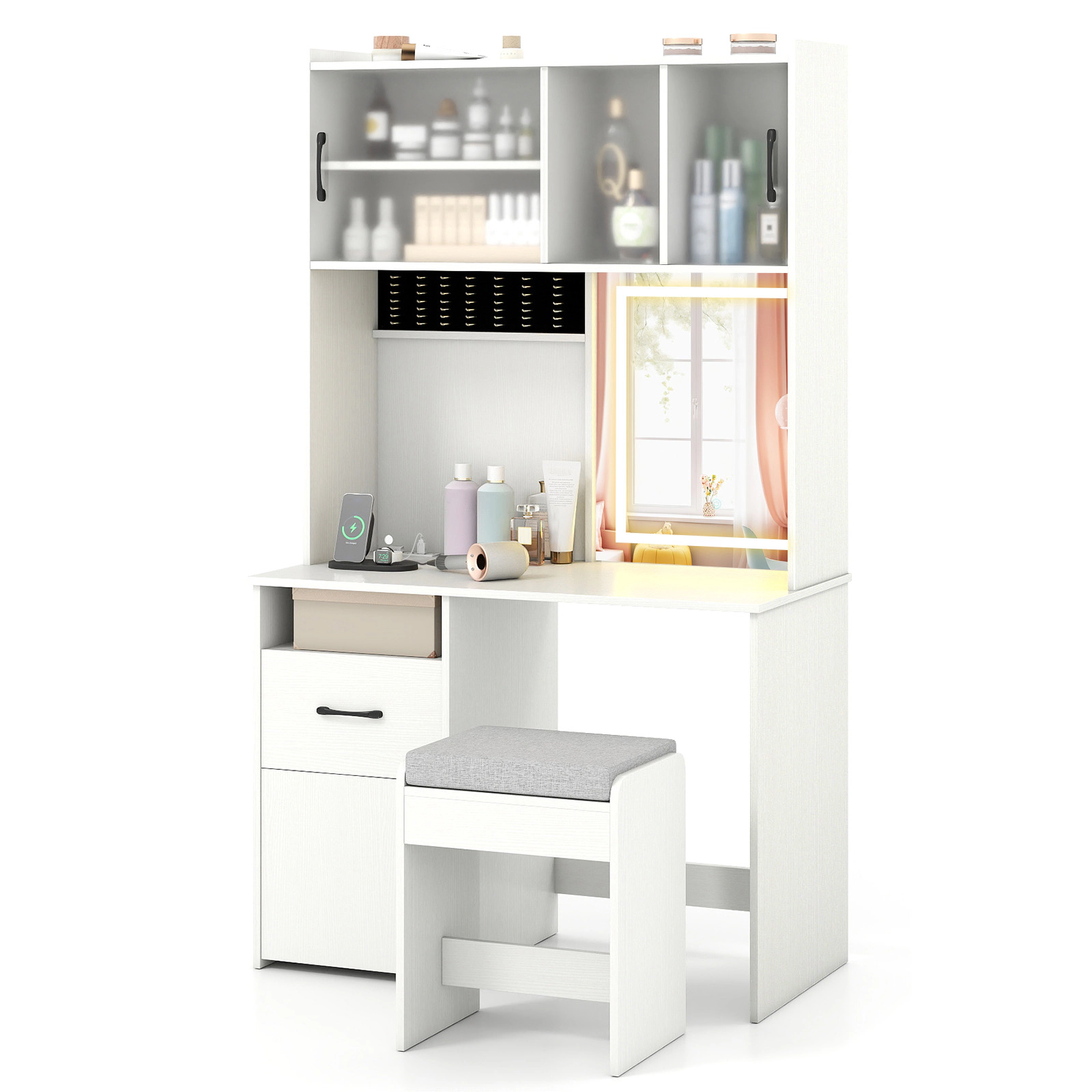 SUGIFT 67-in White Vanity Set with Lighted Mirror, Sliding Frosted Doors and 77 Ring Slots