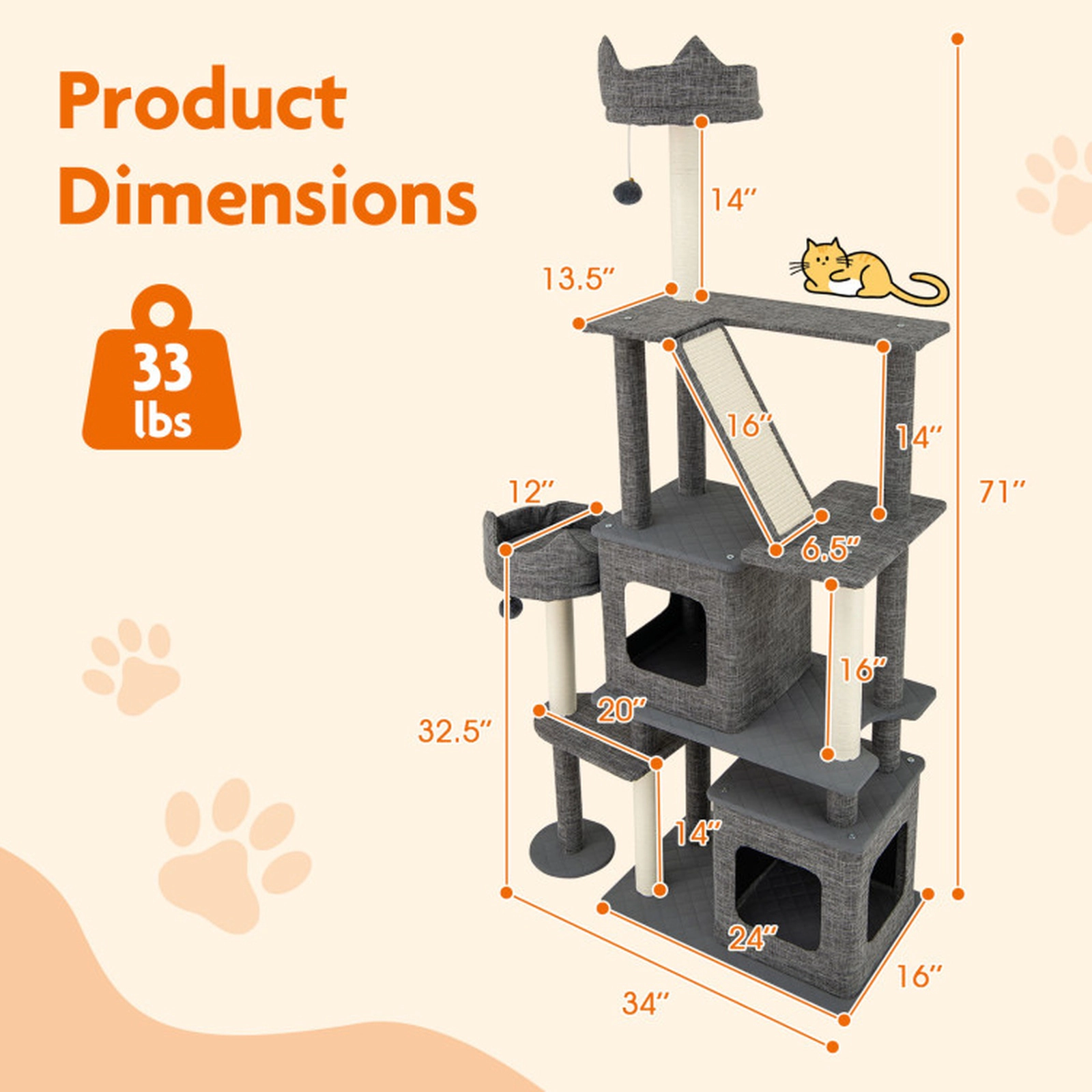 SUGIFT Gray 71 in Tall Multi-Level Cat Tower with 2 Condos and Side Cat Bed