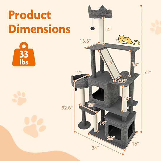 SUGIFT 71-in H Multi-Level Cat Tree with 2 Condos and Side Cat Bed 34 ...