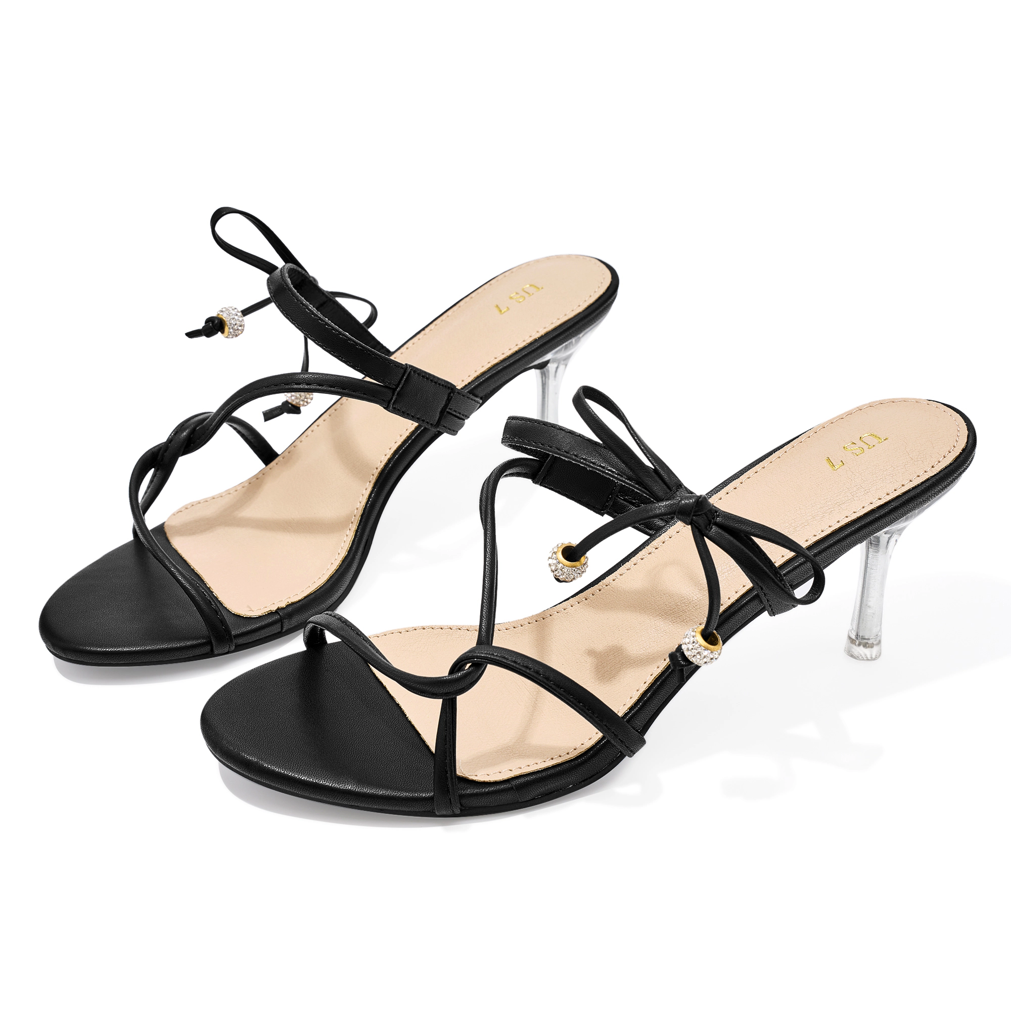 BLISSFUL STEP Women's Open Toe Slide on Strappy Stiletto Heel Sandals