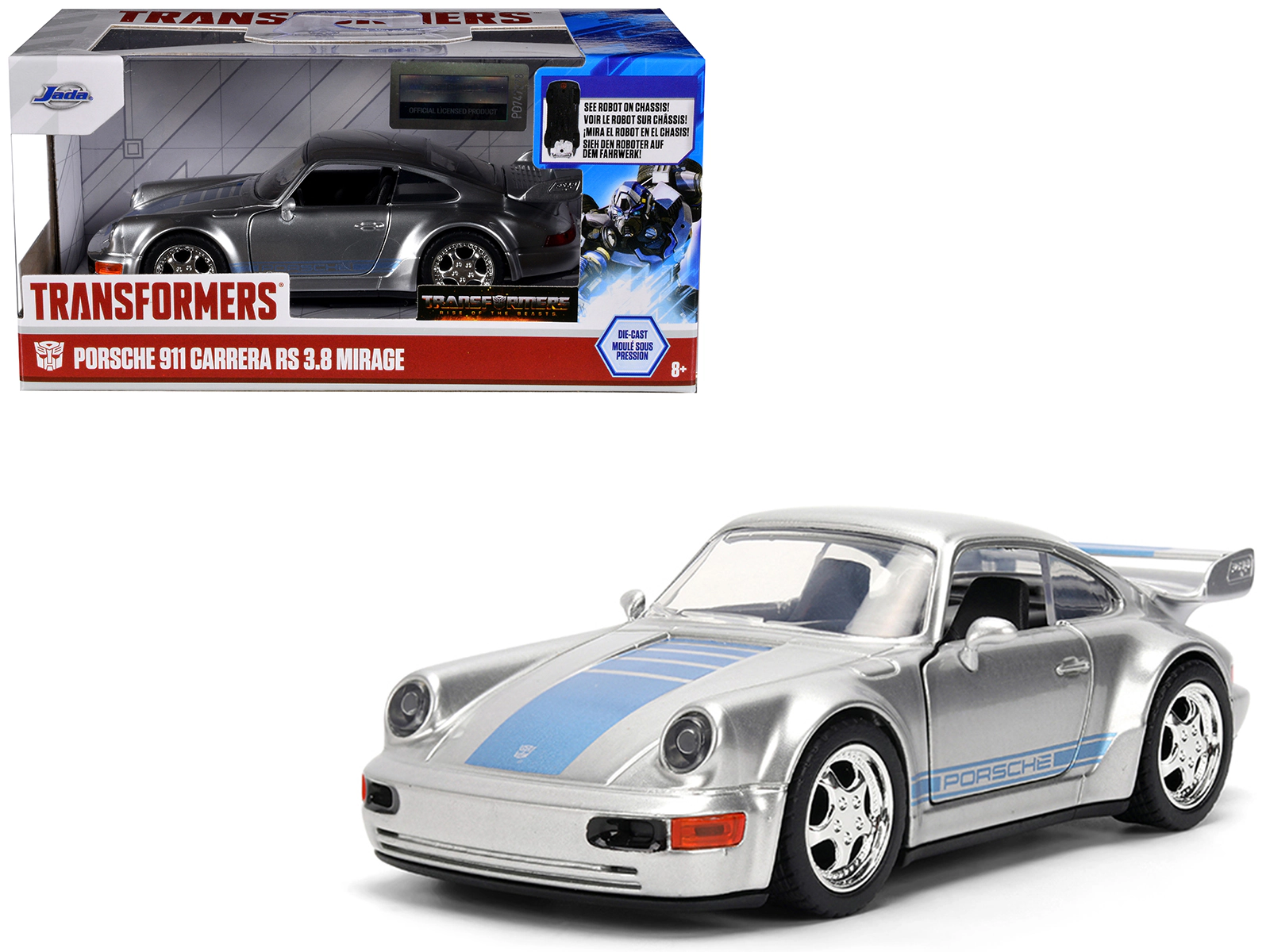 Porsche 911 Carrera RS 3.8 "Mirage" Silver Metallic Blue Stripes "Transformers: Rise of the Beasts" (2023)" 1/32 by Jada