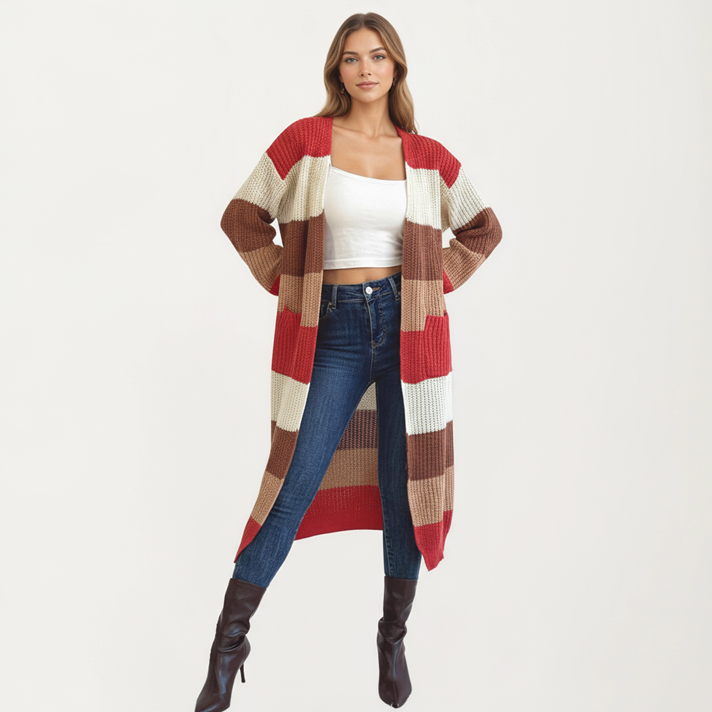 Anna-Kaci Women's Long Sleeve Open Front Knit Cardigan with Bold Color Block Stripes Design