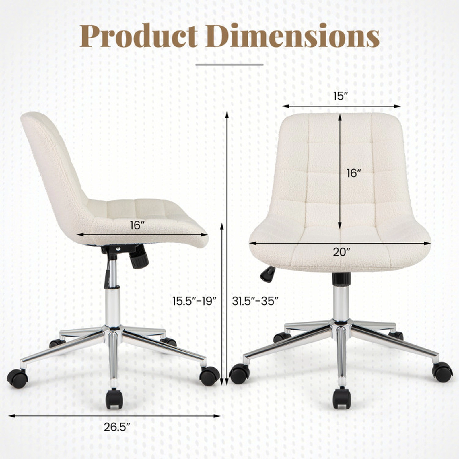 SUGIFT Teddy Fleece Armless Curved Backrest Swivel Vanity Office Chair 26.5-in x 26.5-in x 31.5-in 250-lb White