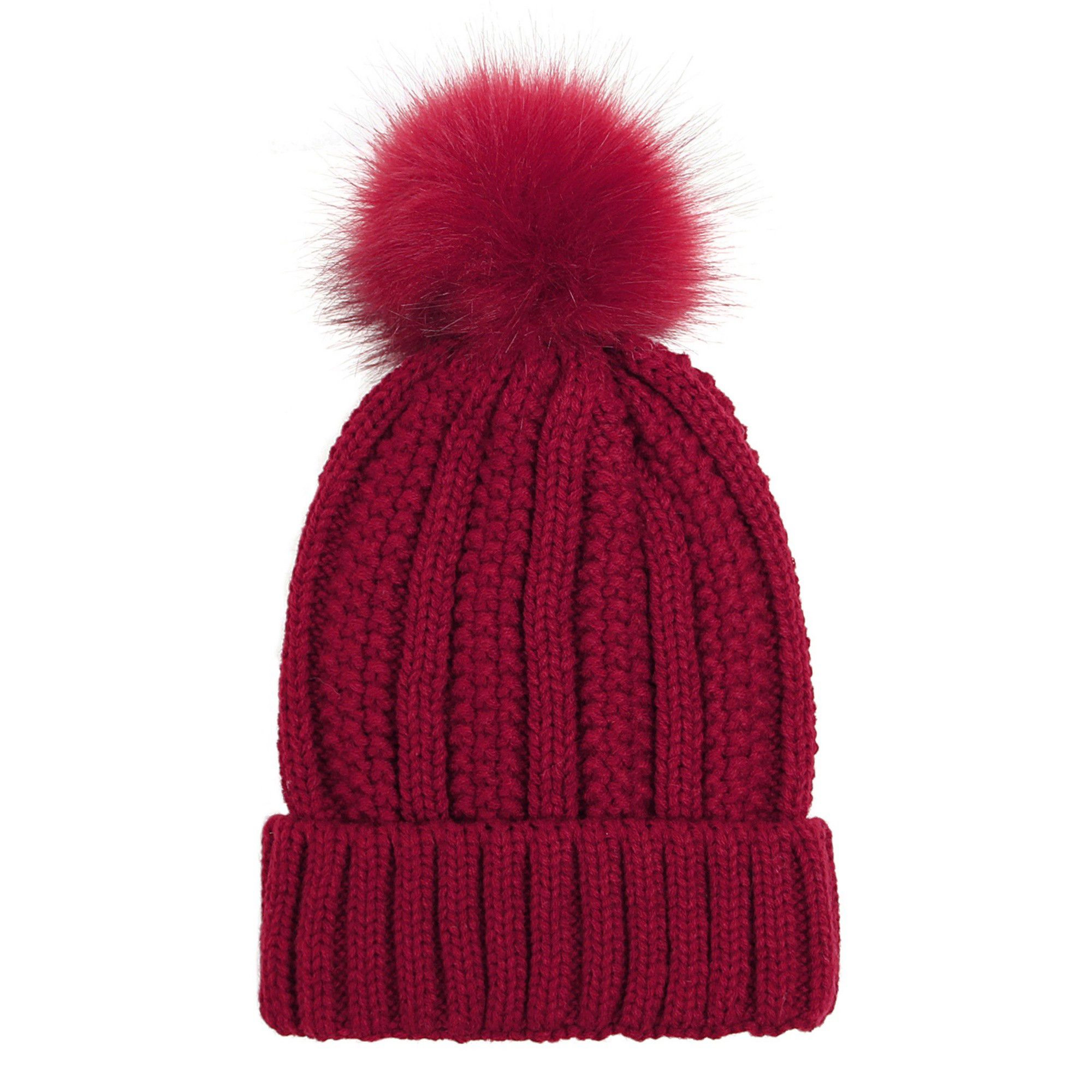 Anna-Kaci Women's Satin-Lined Ribbed Knit Fluffy Pom Winter Beanie Hat