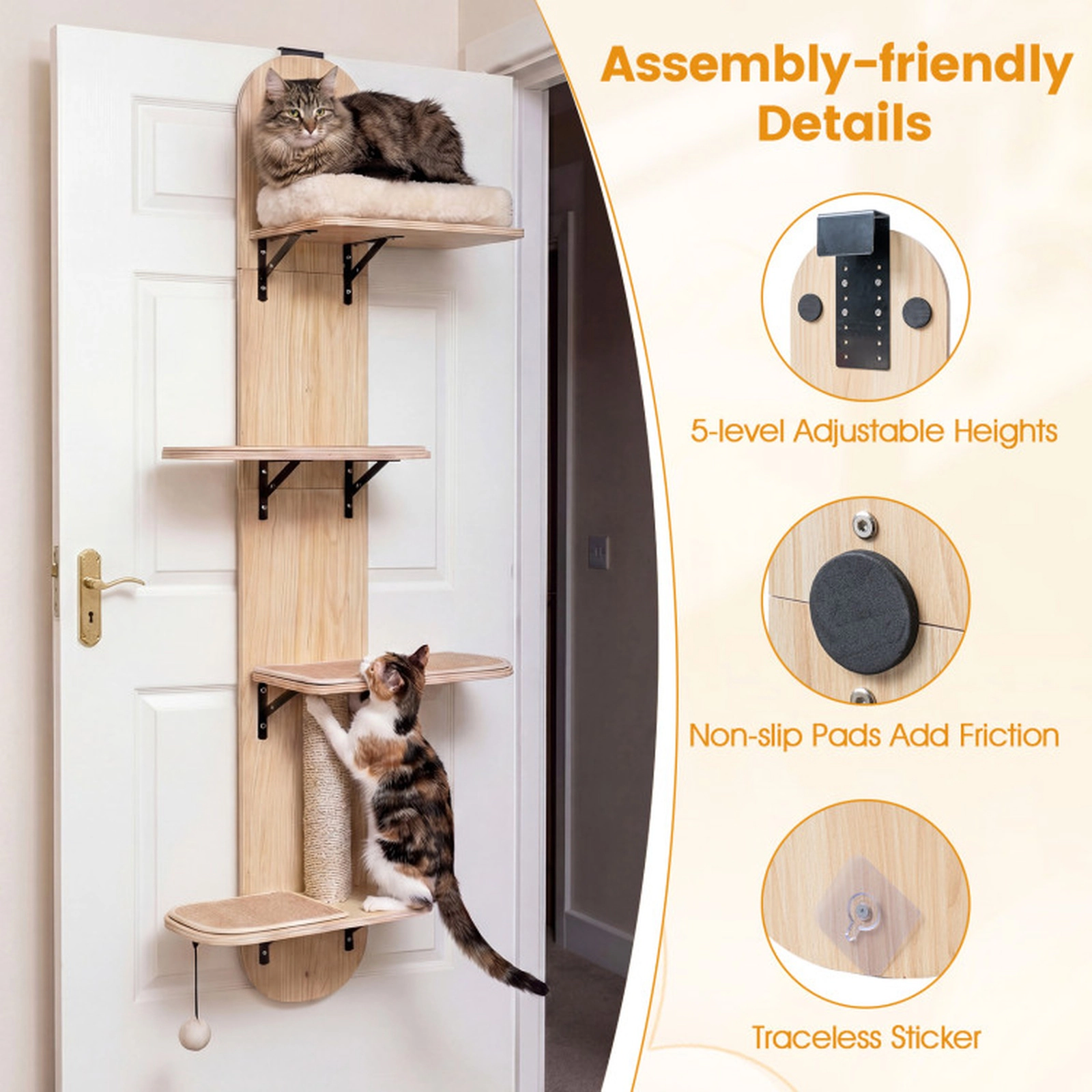 SUGIFT 5-Level Adjustable Door Hanging Cat Climber with Plush Bed 11-lb Capacity Beige + Natural/Gray + Natural