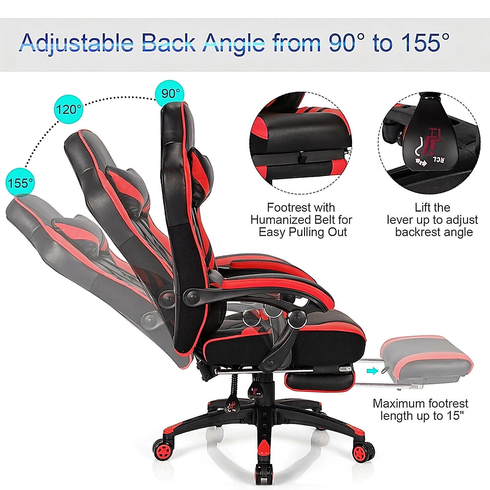 SUGIFT Adjustable Reclining Gaming Chair with Footrest 330-Lb Capacity 27-in Wide Seat 17-20-in Seat Height -49 in Red
