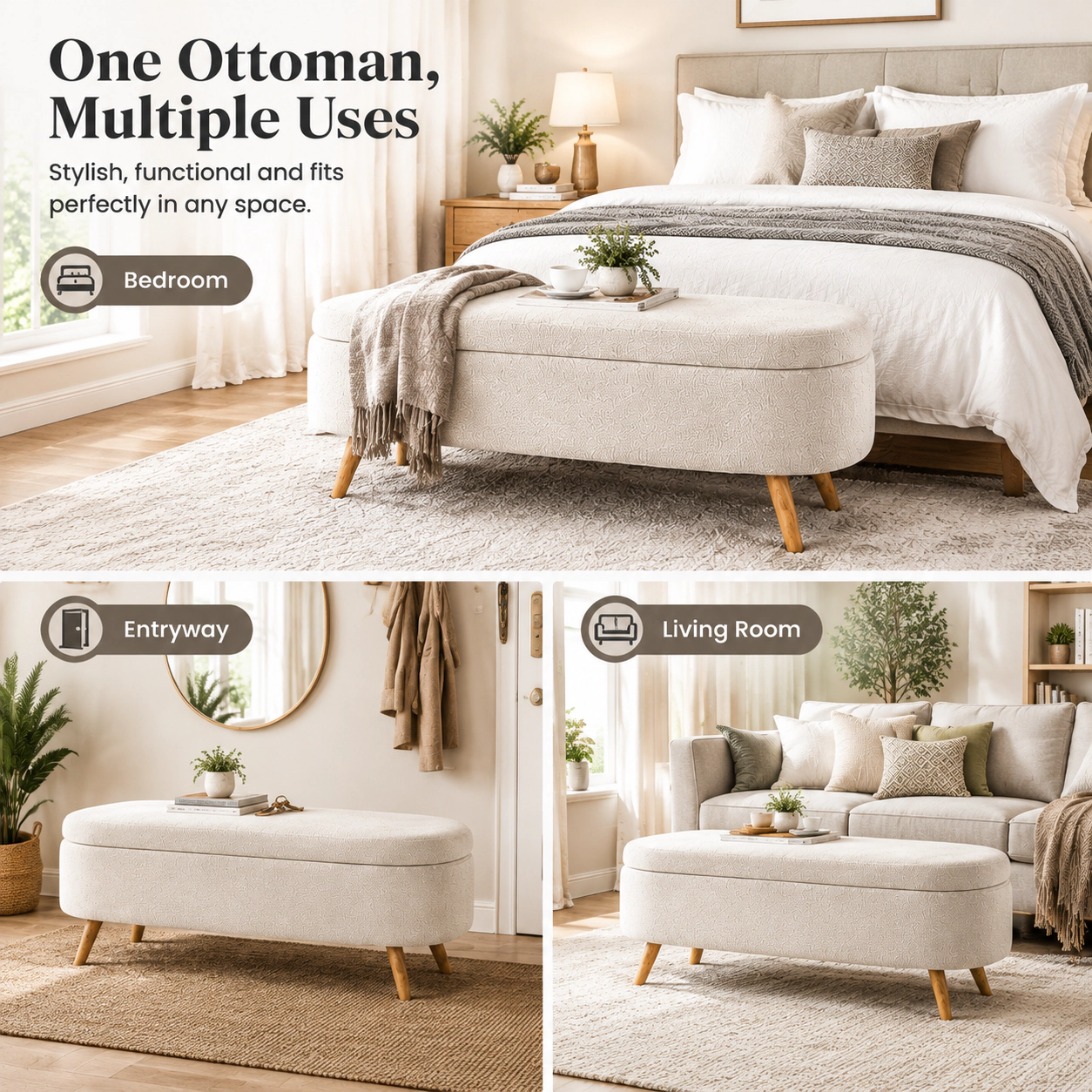 RENDGO 43.5 in Storage Ottoman Bench for Bedroom Living Room Window Beige with Safety Hinge Bed End Bench